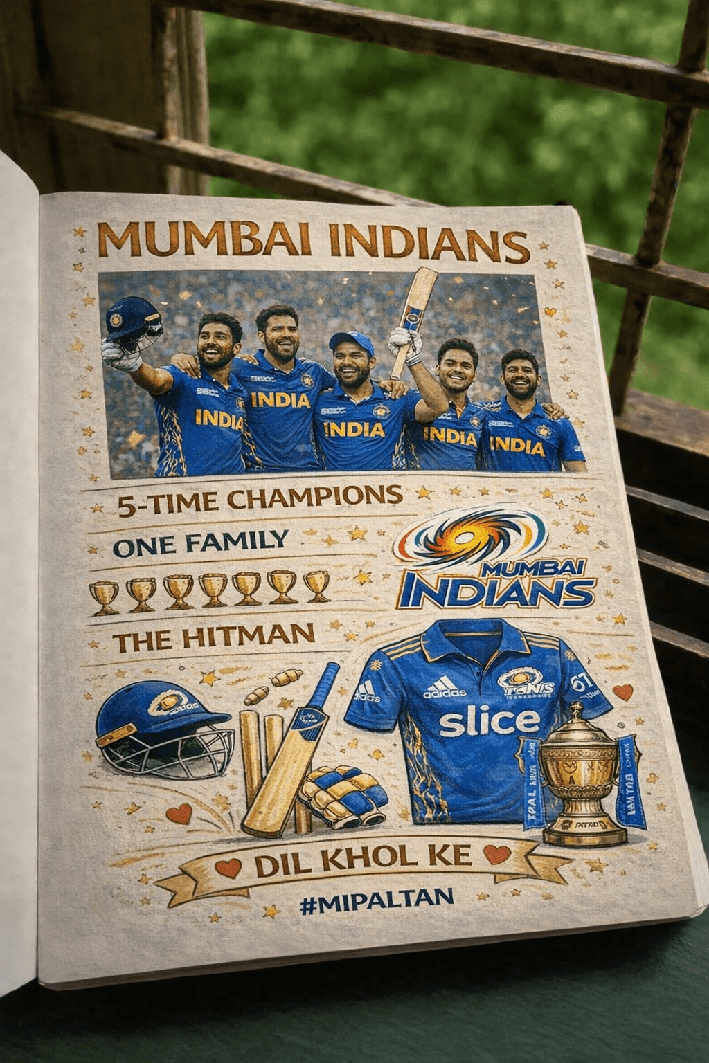 Mumbai Indians aesthetic vintage notebook style poster 💙 5-Time IPL Champions 🏆 One Family