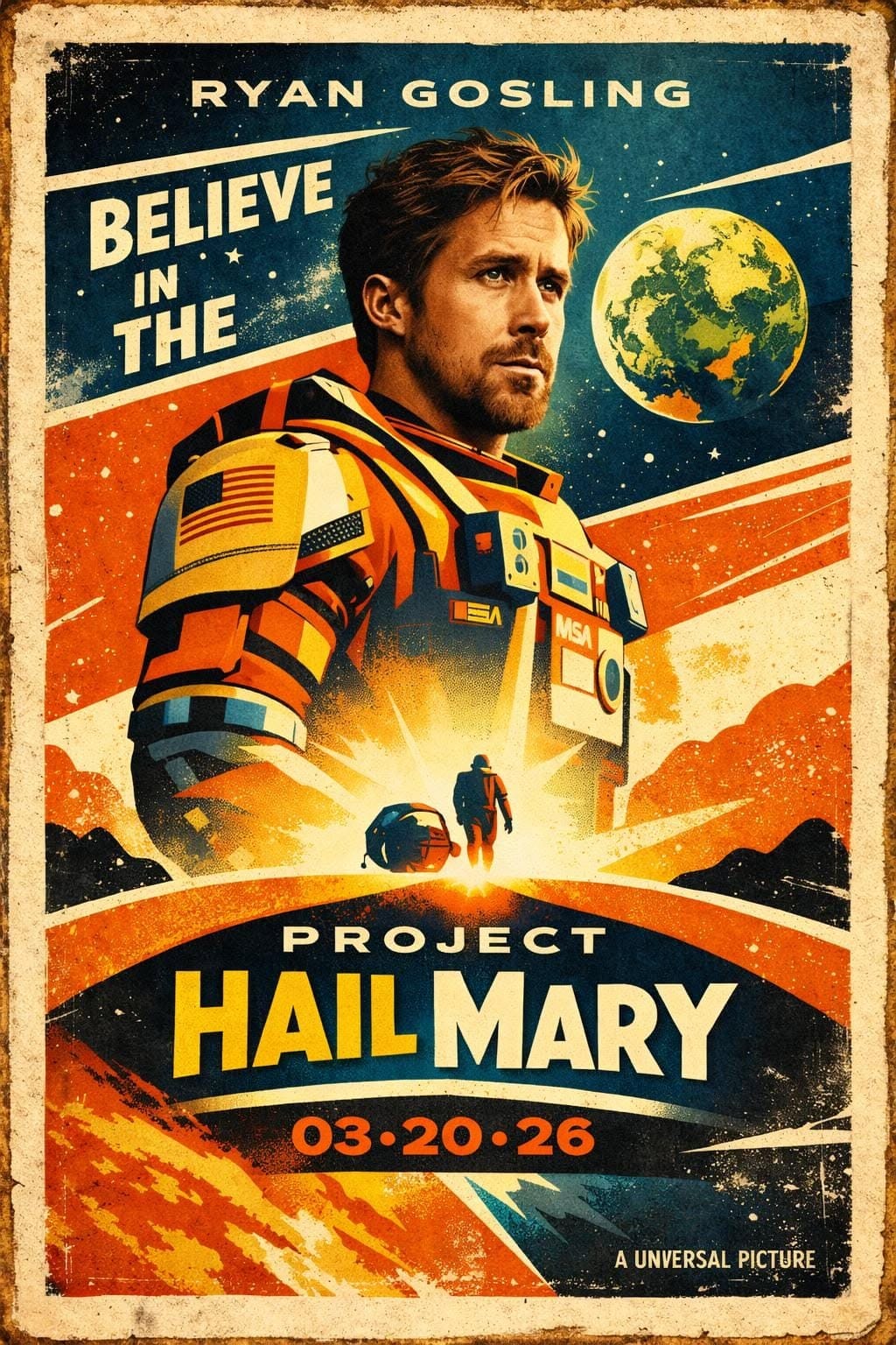 Retro Sci Fi Poster, Project Hail Mary Art Print, Vintage Space Wall Art, Astronaut Decor, Mid Century Modern Movie Poster