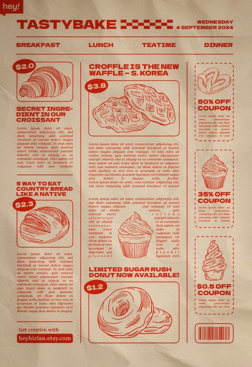 Vintage Retro Bread Bakery Dessert Hand Drawing Poster Illustration