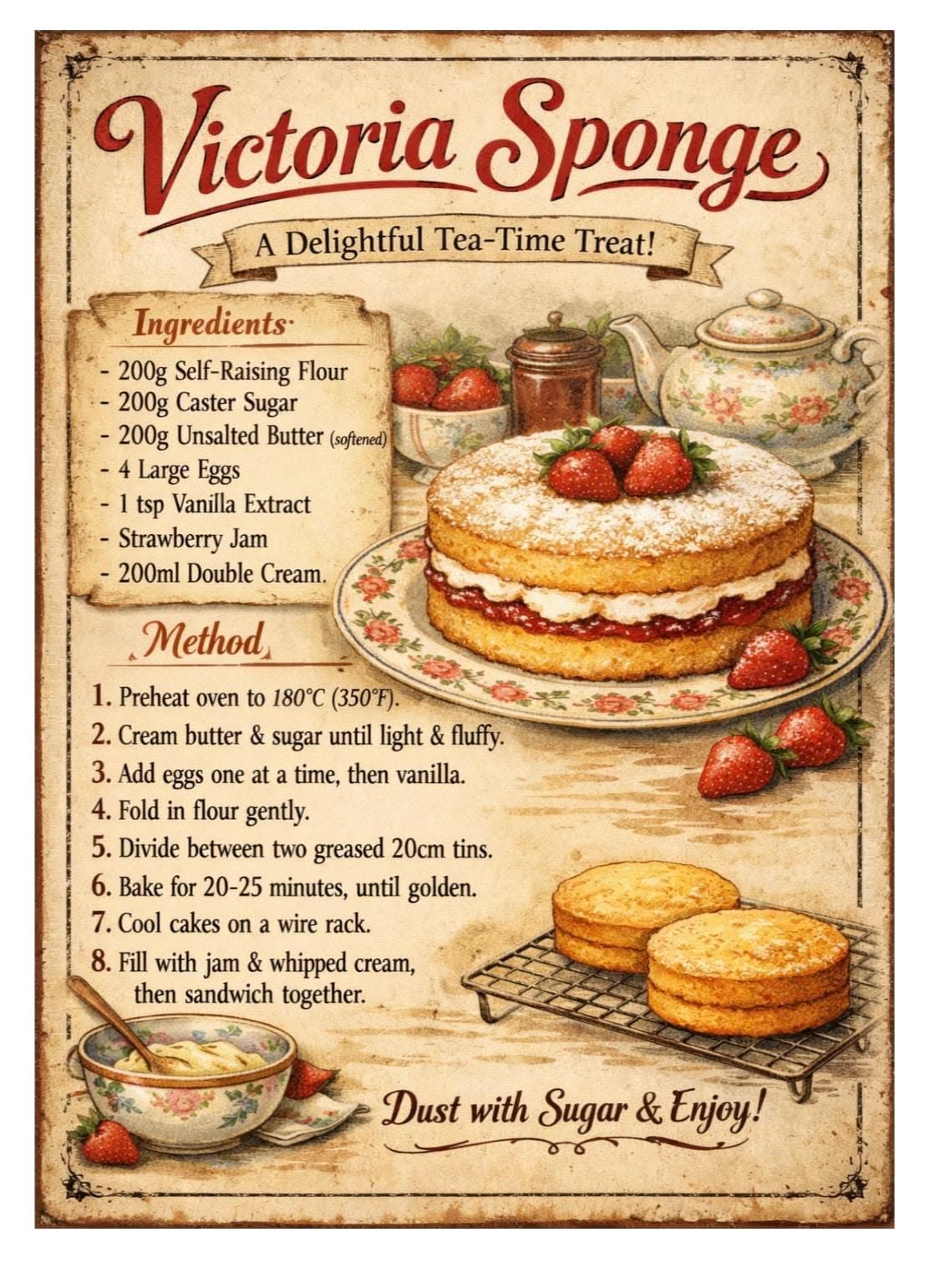 Victoria Sponge Recipe Print. Digital Download.
