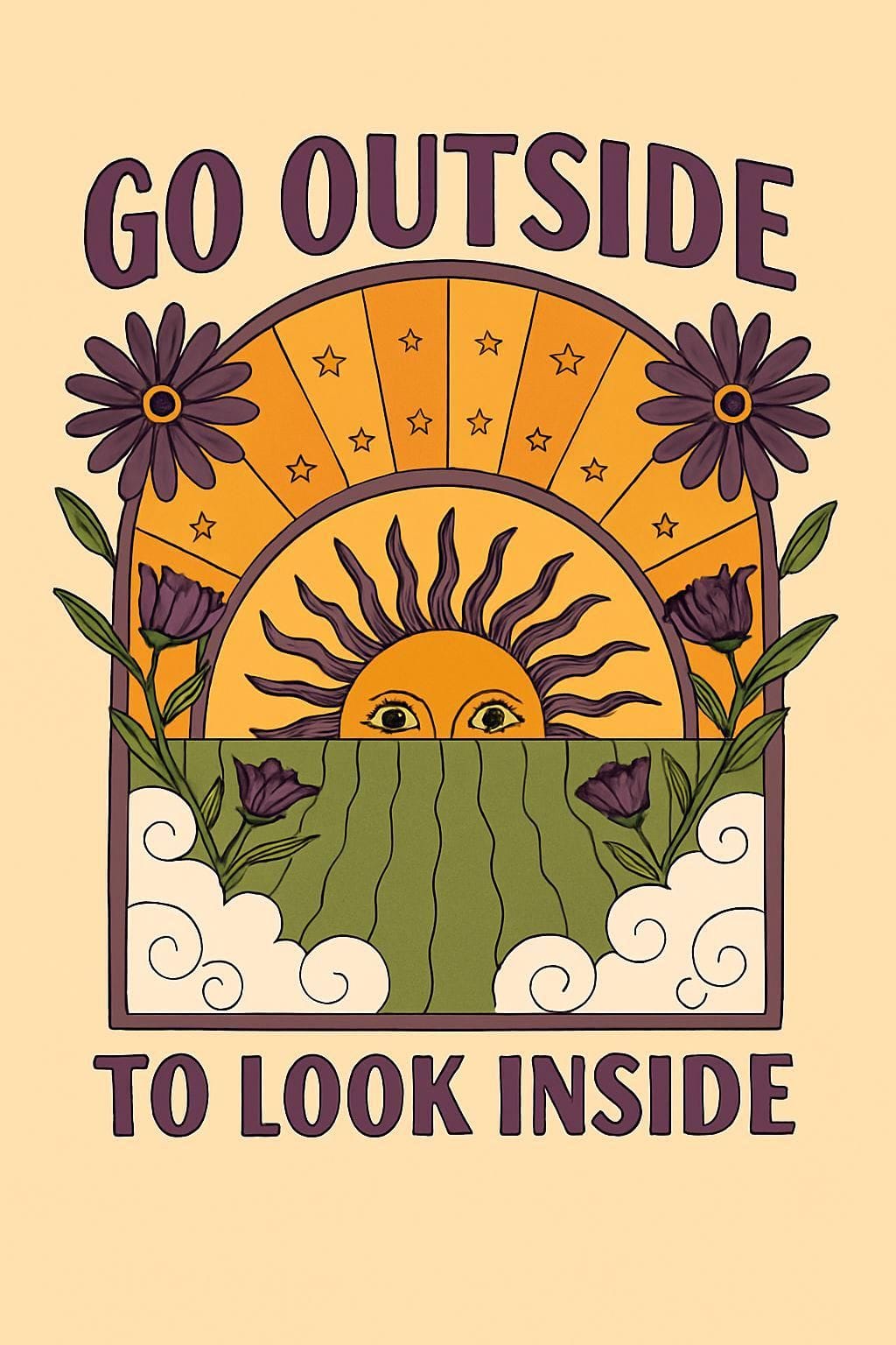 Go Outside to Look Inside Retro Sunflower Poster - Boho Wall Art, Inspirational Nature Quote Print, Cottagecore Home