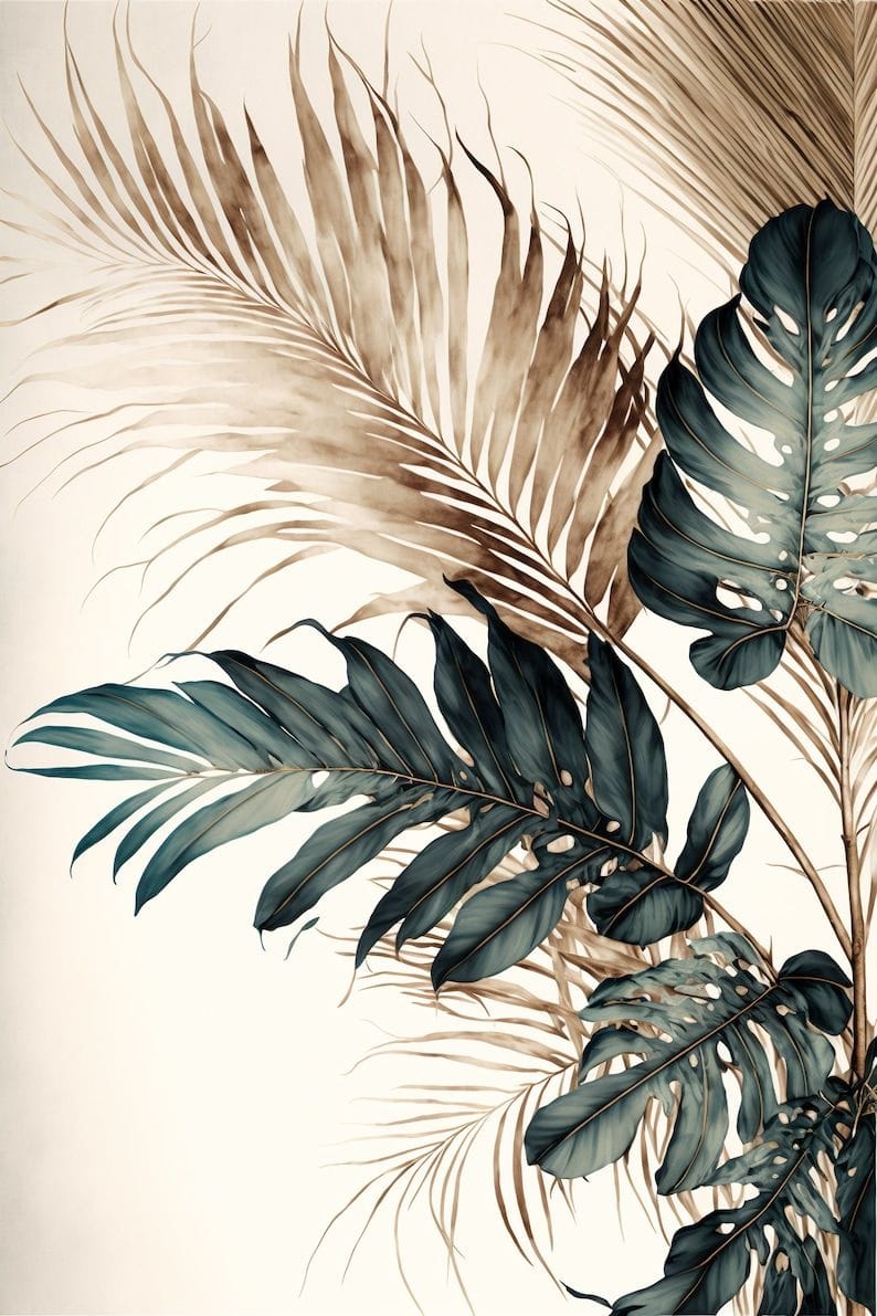 Neutral Vintage Palm Leaves - Digital Download Digital Print - Boho Esthetic - Calming - Wall Art - Tropical - Beach - Printable Wall Art - Etsy
