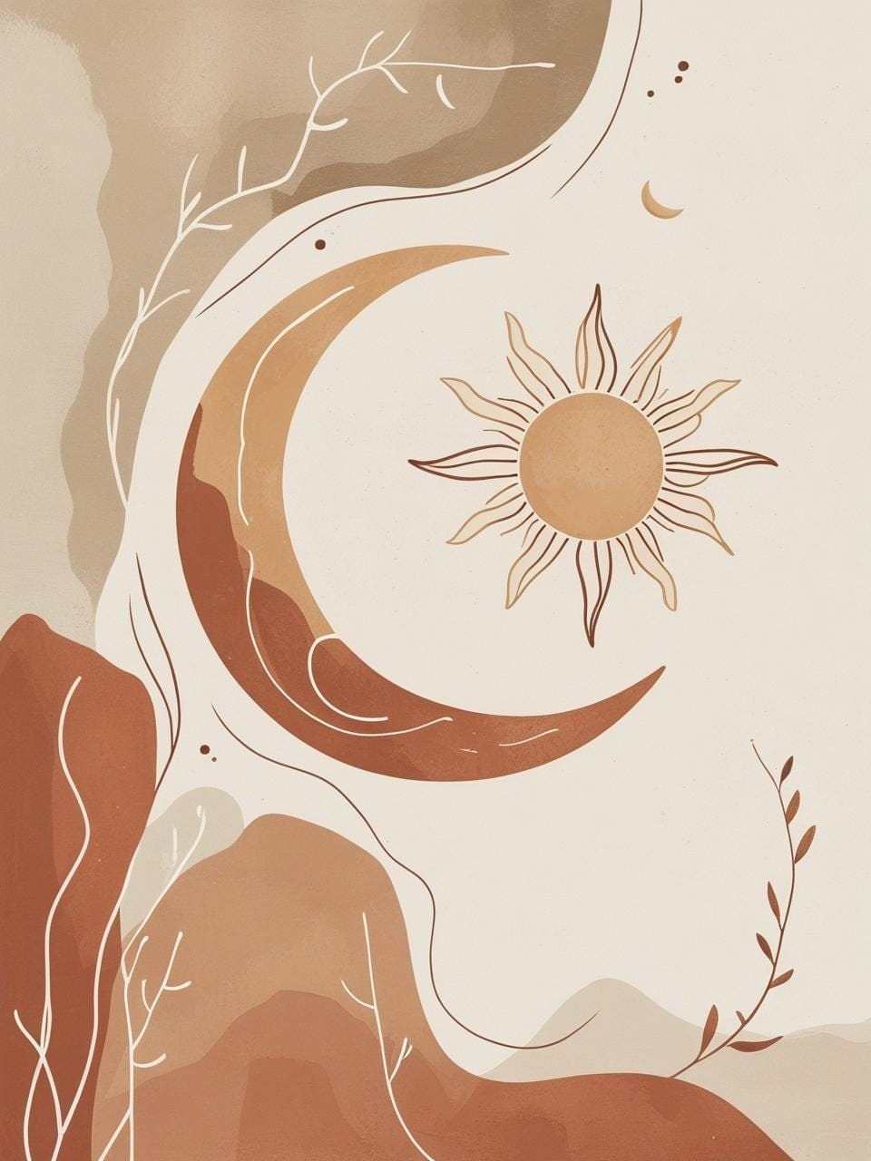 Boho Sun & Moon Print Set – 2 Printable Celestial Posters, Earthy Tones Wall Art (Digital Download, 3:4 Ratio)