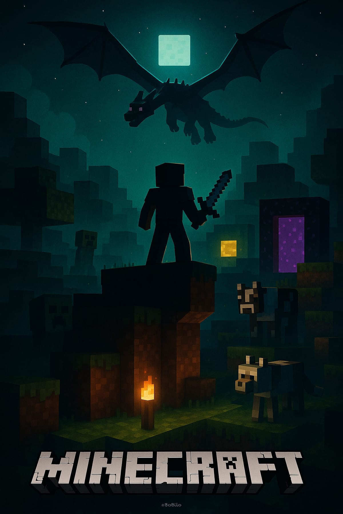Epic Minecraft Fan Poster | Diamond Sword, Creeper & Ender Dragon