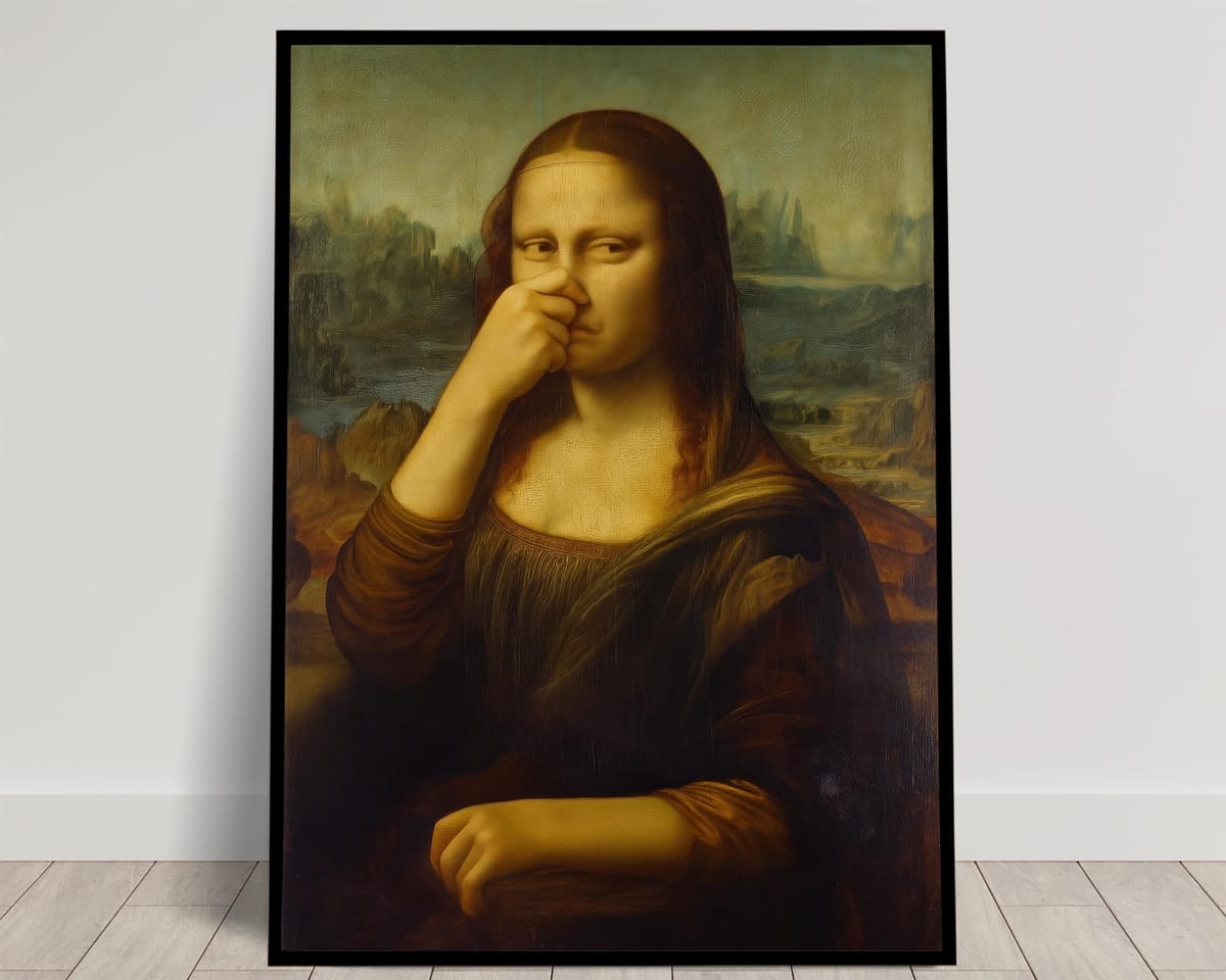 Mona Lisa Pinching Her Nose, Funny Bathroom Poster, Toilet Humor Wall Art, Da Vinci Parody, Quirky Restroom Decor, Funny Art Framed Gift
