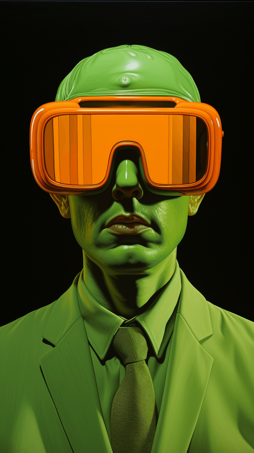 a man wearing a green suit and orange glasses