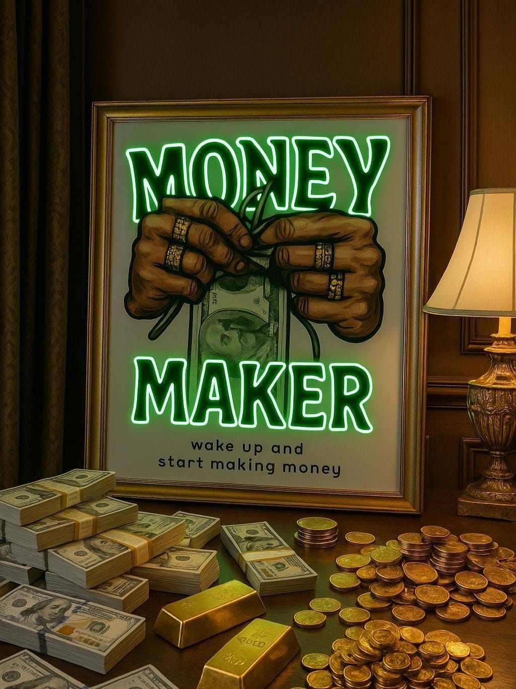 Money Maker Neon Wall Art - LED Sign with Luxury Hands & Cash Design
