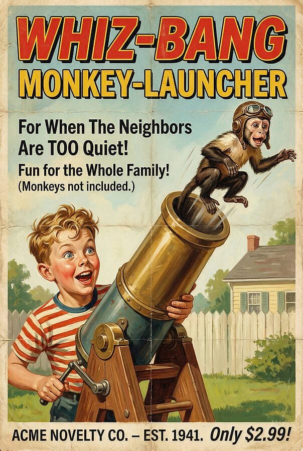 Whimsical Monkey Launcher - Classic Retro US Humor Ad Poster - Fictional Gadgets - Funny Parody by SampadArt Gallery