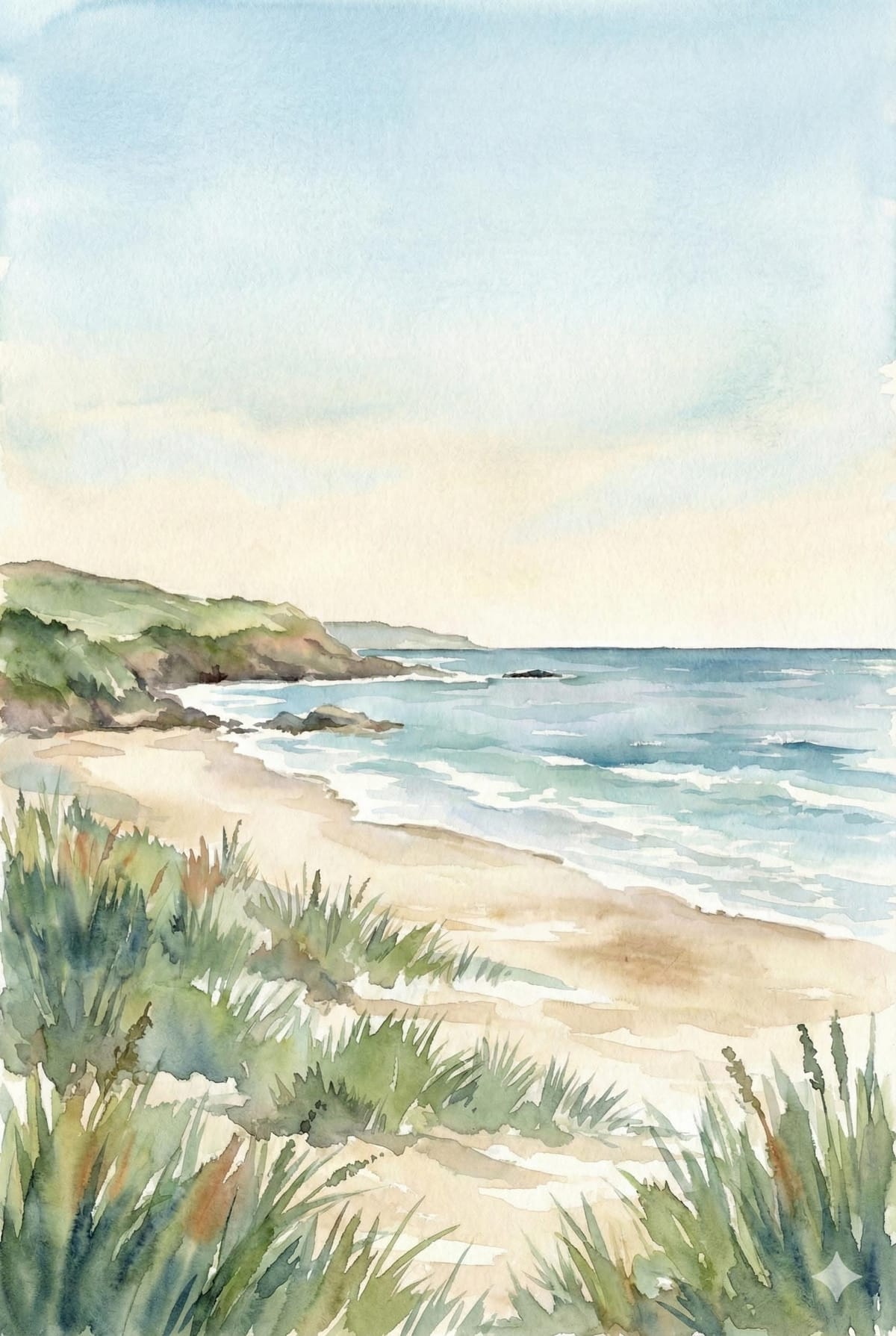 Watercolor Coastal Beach Print, Vertical Ocean Landscape Art Digital Download