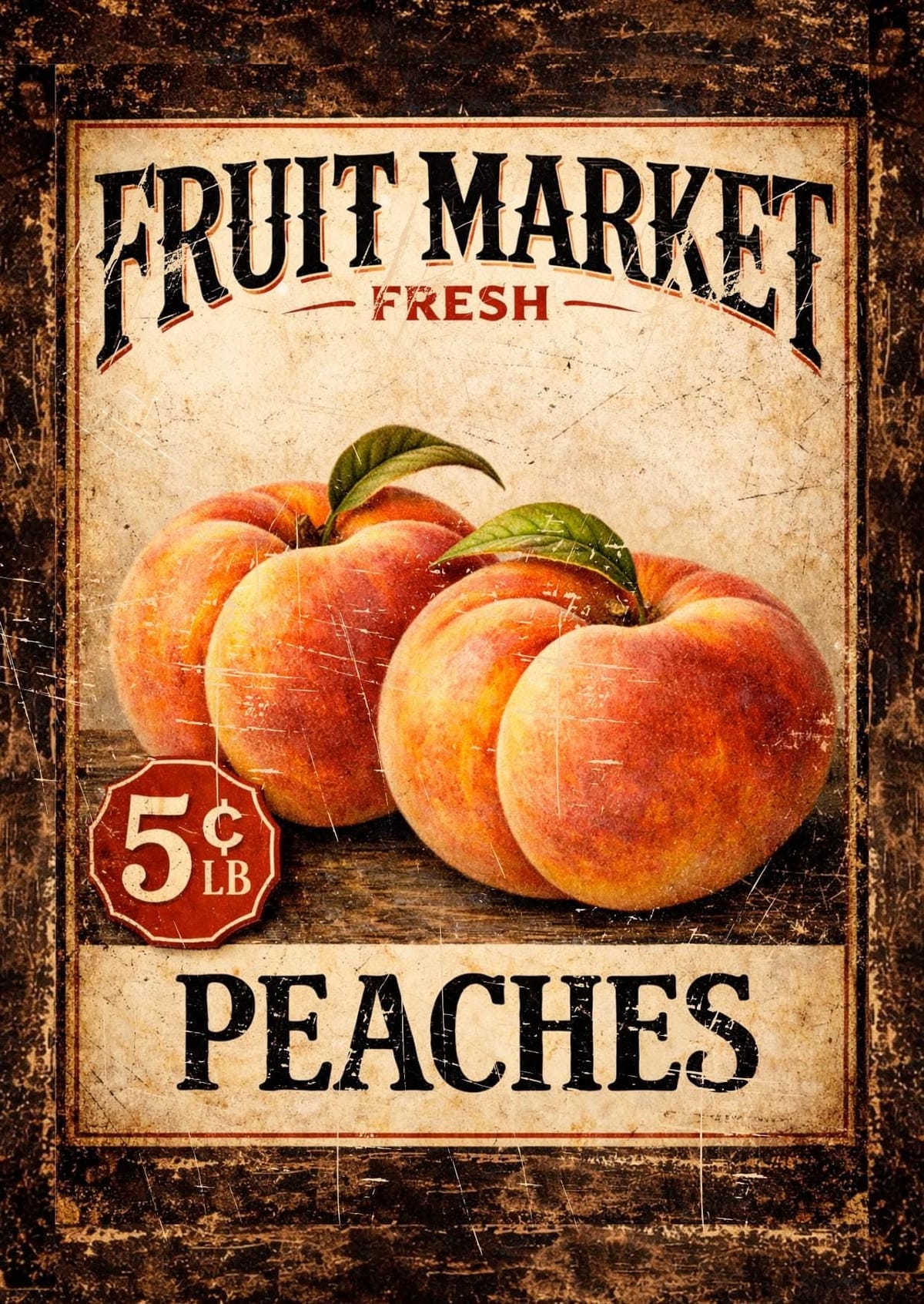 Vintage Peaches Farm Market Sign, Farmhouse Wall Art, Rustic Fruit Poster, digital print