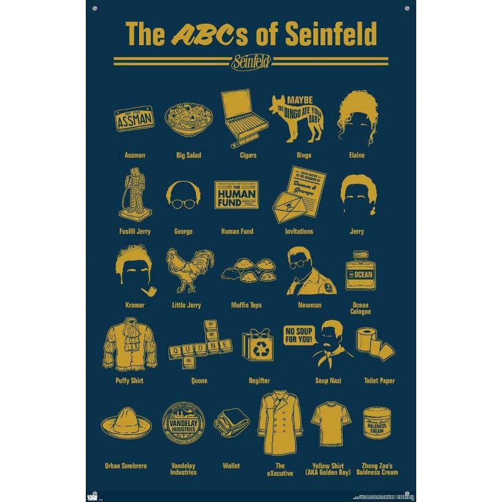Trends International Seinfeld - ABCs of Seinfeld Unframed Wall Poster Print Clear Push Pins Bundle 22.375" x 34"