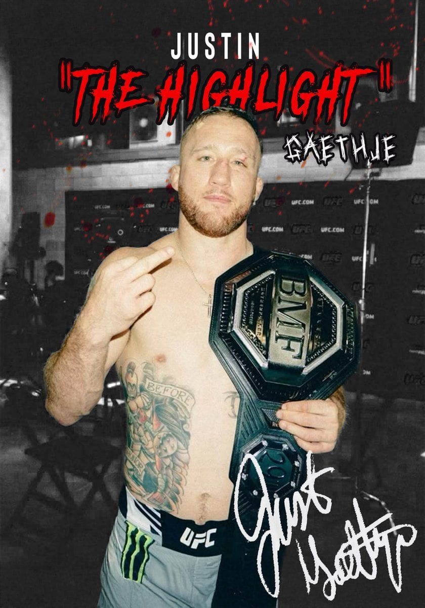 Justin Gaethje Poster Ingelijst– 23x33cm met Zwarte Lijst – “The Highlight” BMF Kampioen – MMA Wanddecoratie-