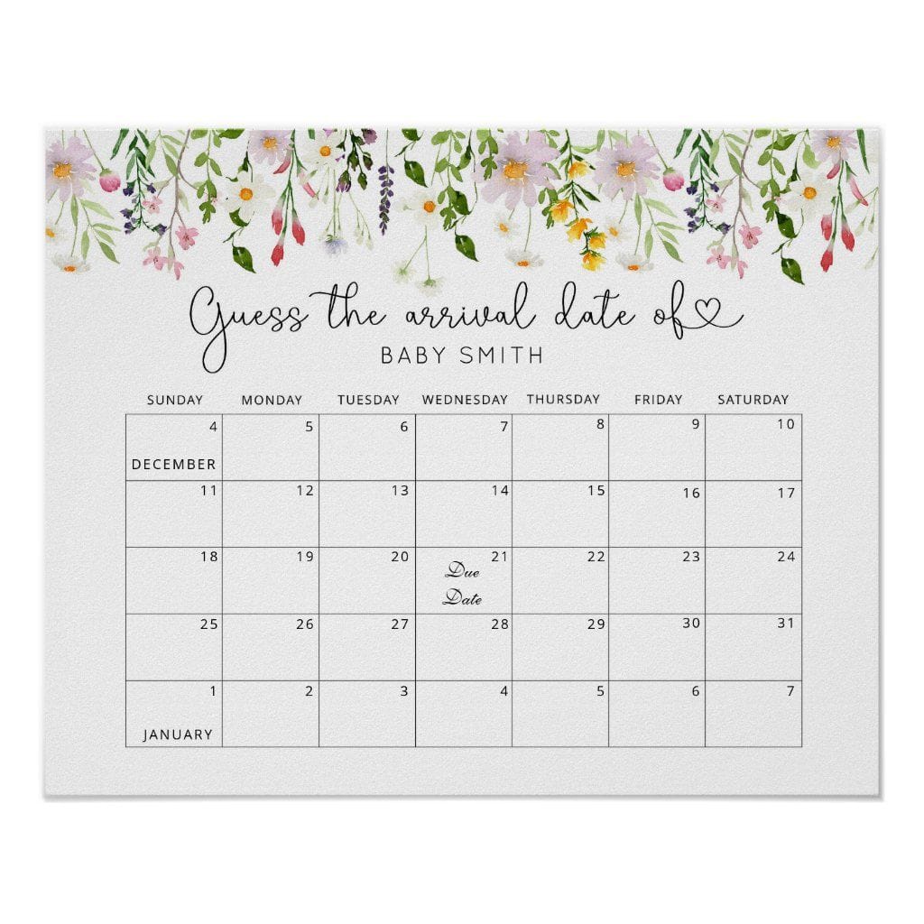 Wildflowers Guess the due Date calendar Poster | Zazzle