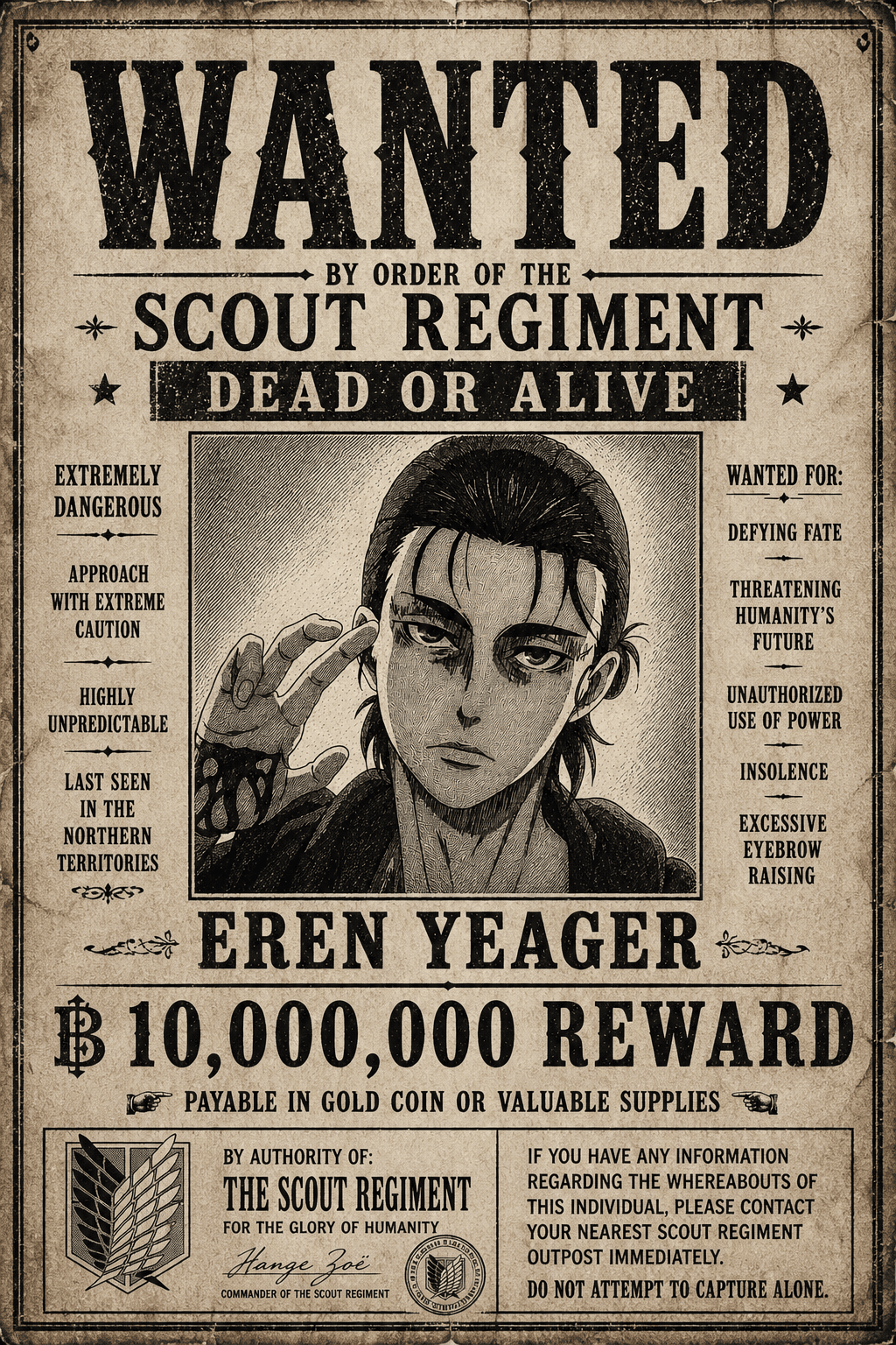 wanted poster of Eren Yeager free to take but give creds