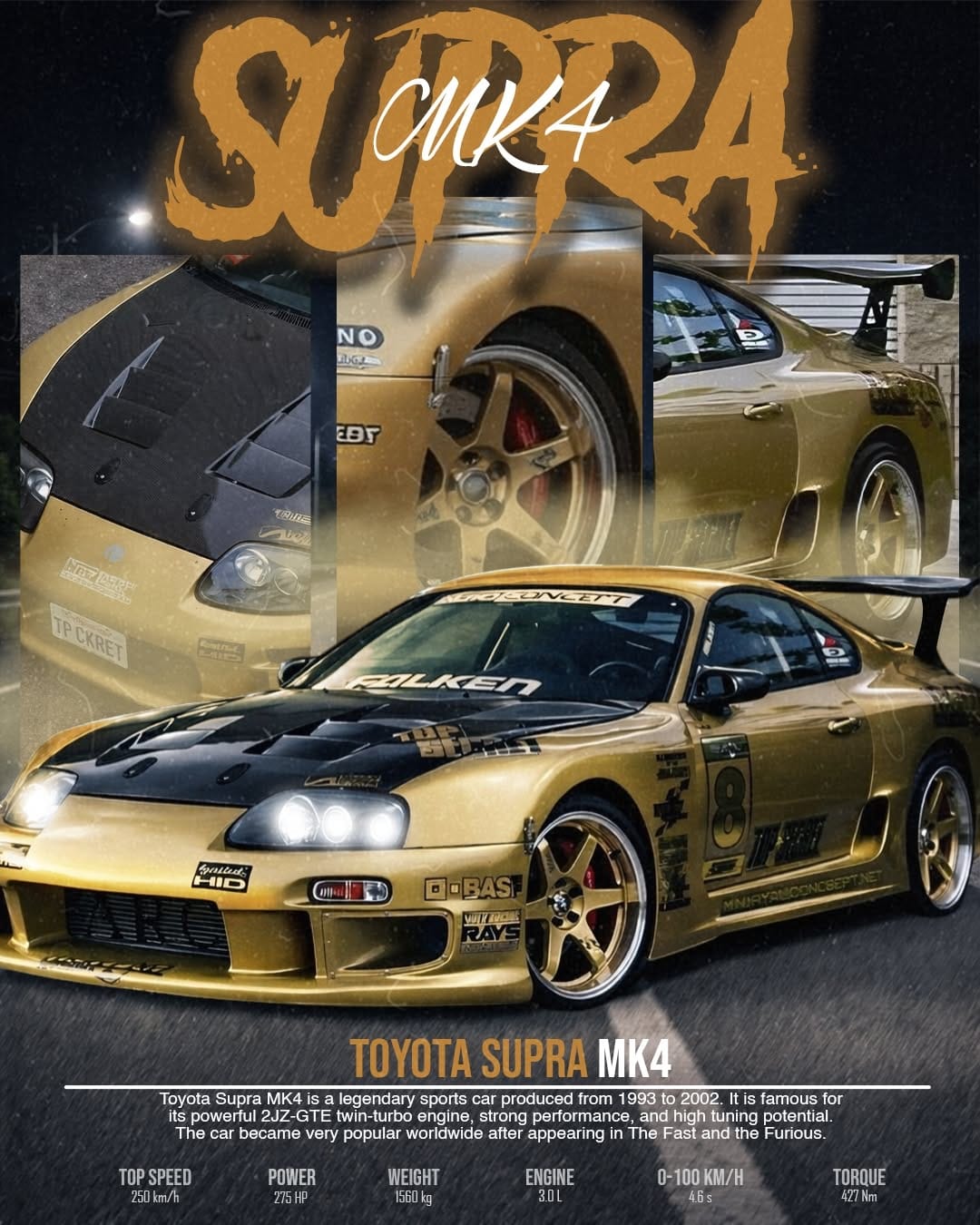 Golden legend of JDM. Toyota Supra MK4 — power, style, and timeless performance. | Photoshop Design