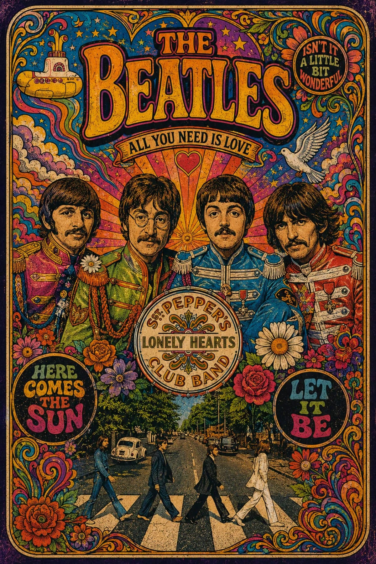 1960s Inspired Beatles Illustrated Poster | Retro Psychedelic Music Wall Art | Printable PNG Download - Etsy Canada