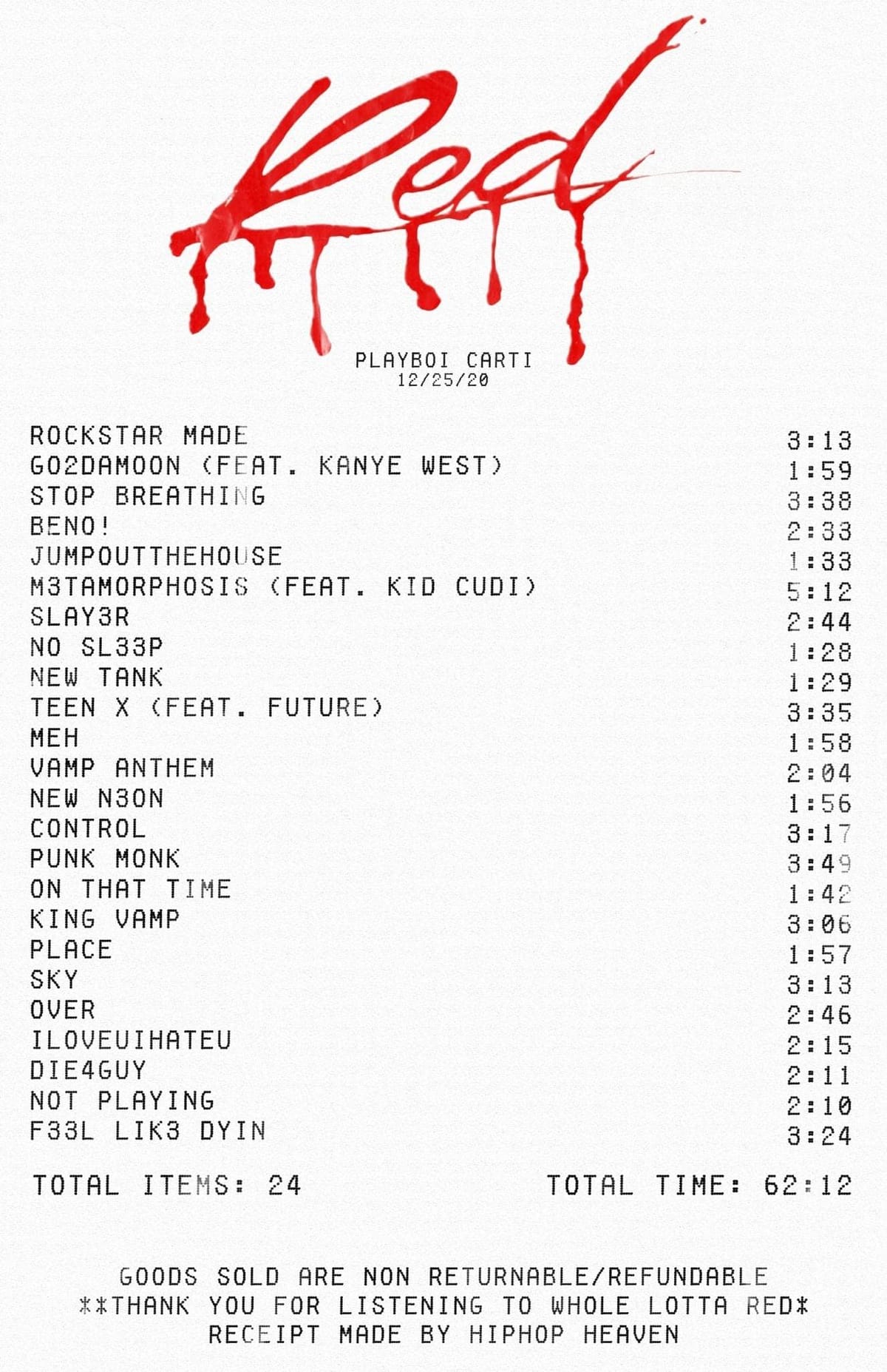 Whole Lotta Red Receipt Poster