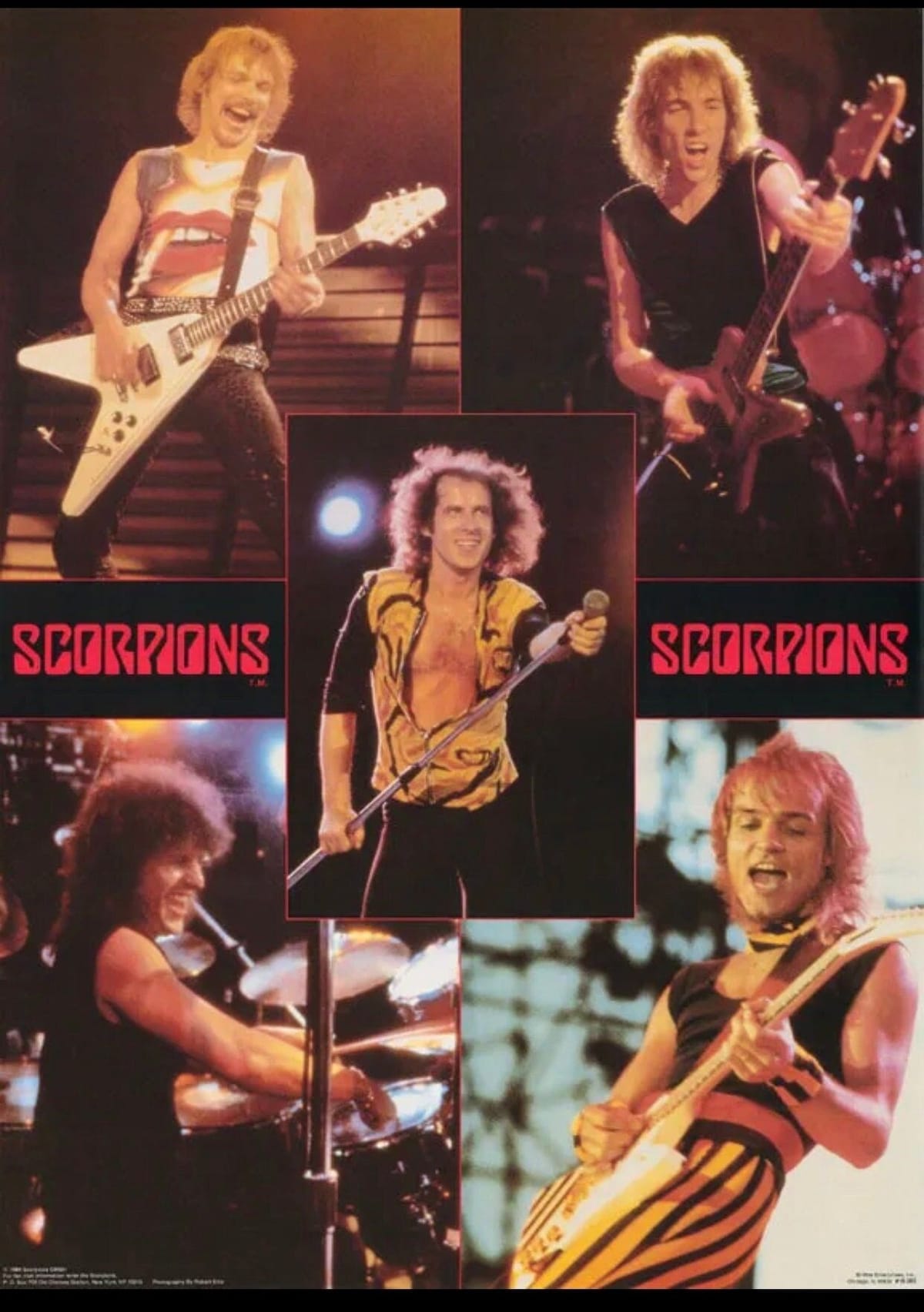 Scorpions vintage poster 1984 music memorabilia collage all 5 band members pictures photo style photos on stage