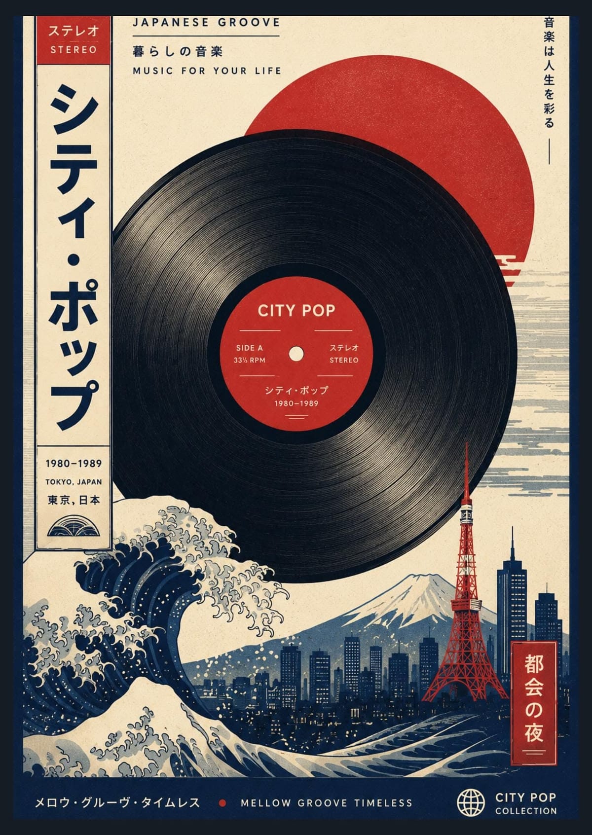 City Pop Poster, Japanese Vinyl Record Wall Art, Retro Tokyo 80s Print, Great Wave Aesthetic Music Decor, Vinyl Lover Gift, Digital Download