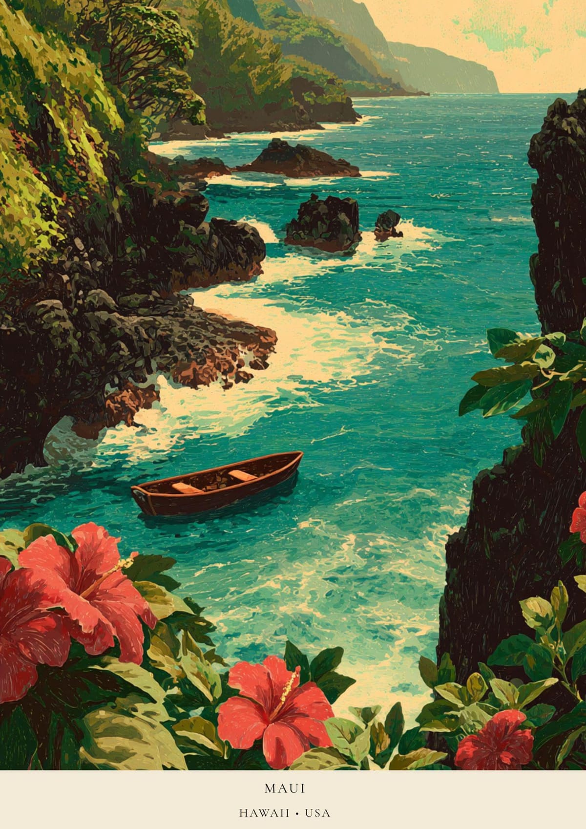 Maui Hawaii Travel Poster | Vintage Hawaiian Coastal Wall Art | Tropical Ocean Print | Luxury Travel Poster | Maui Decor | Hawaiian Artwork