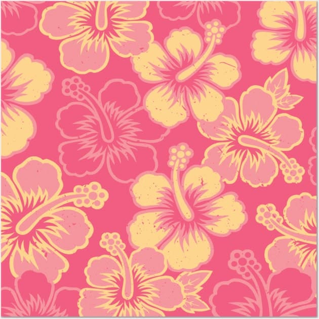 Vintage Hawaiian Pink Hibiscus Flower Pattern Poster