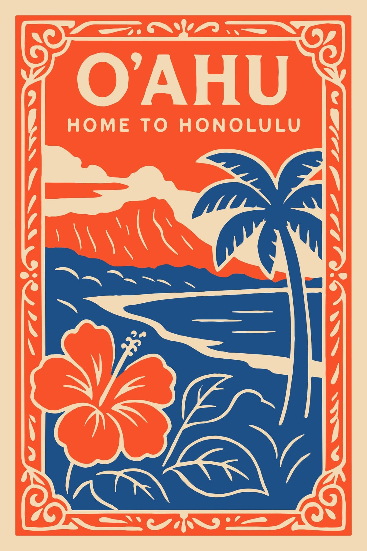 Hawaii Travel Art Print: Vintage Oahu, Honolulu, Hibiscus & Palm Trees - Etsy