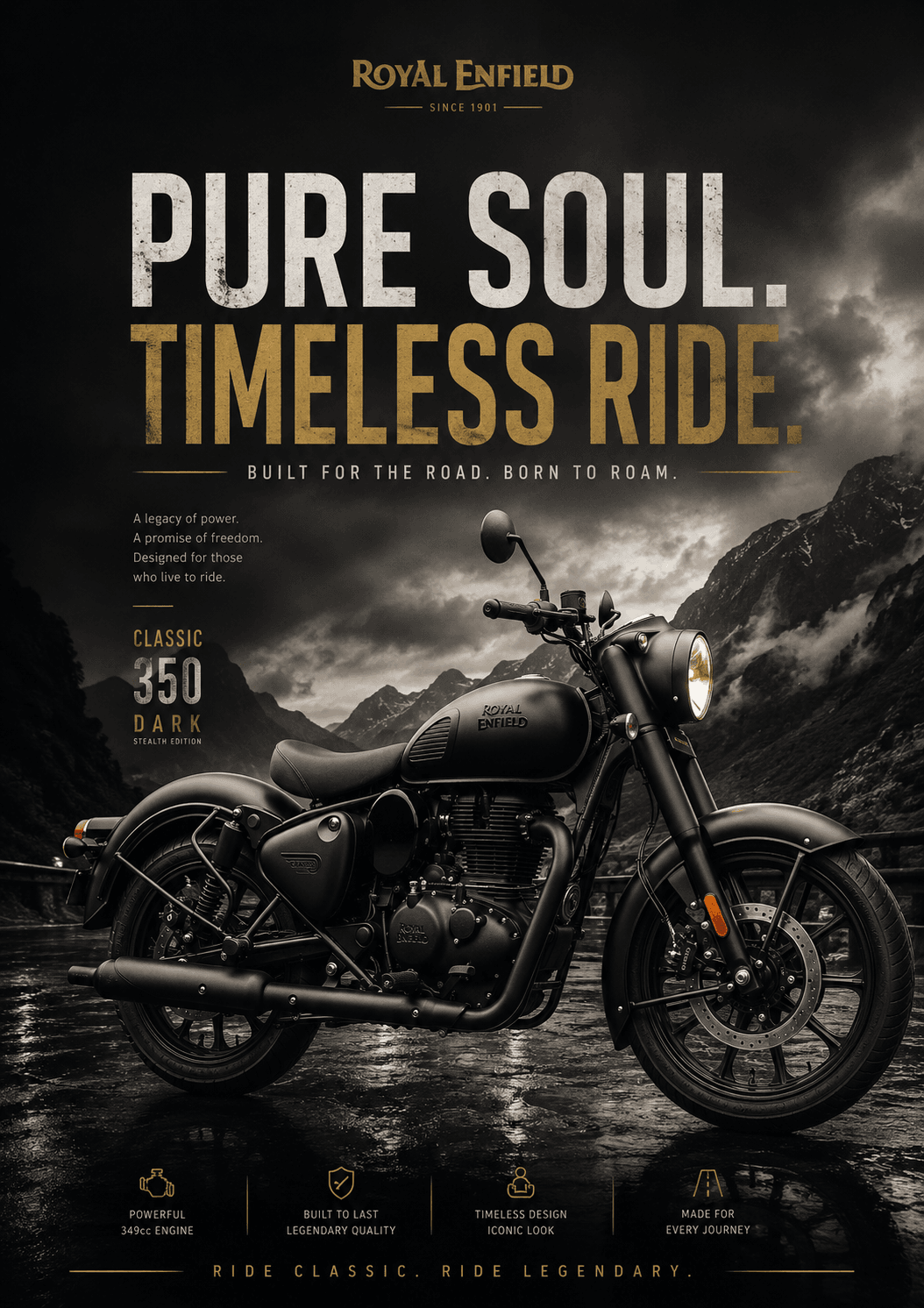 Royal Enfield Classic 350 Dark – Pure Soul. Timeless Ride. 🏍️⚫