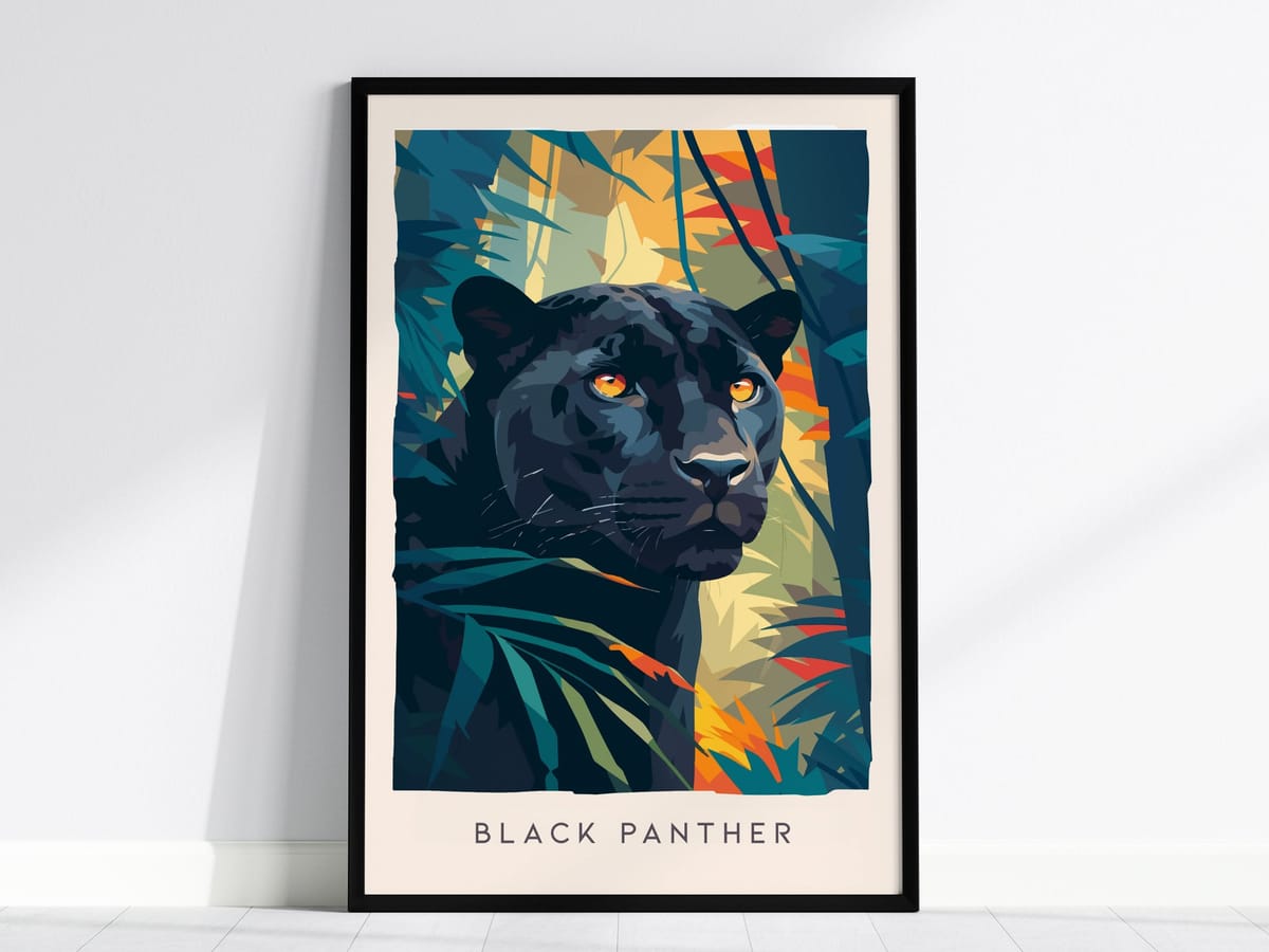 Black Panther Wildlife Poster | Fierce Jungle Cat Fine Wall Art - 12x12 in / Walnut Floating Frame Canvas
