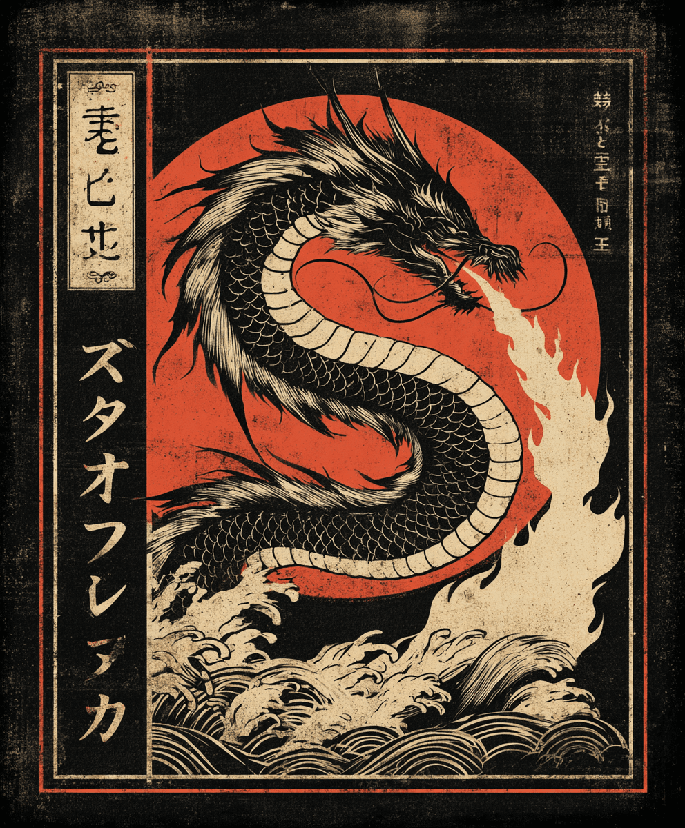 Japanese Dragon Art | Fire Dragon Design | Fantasy Creature Poster