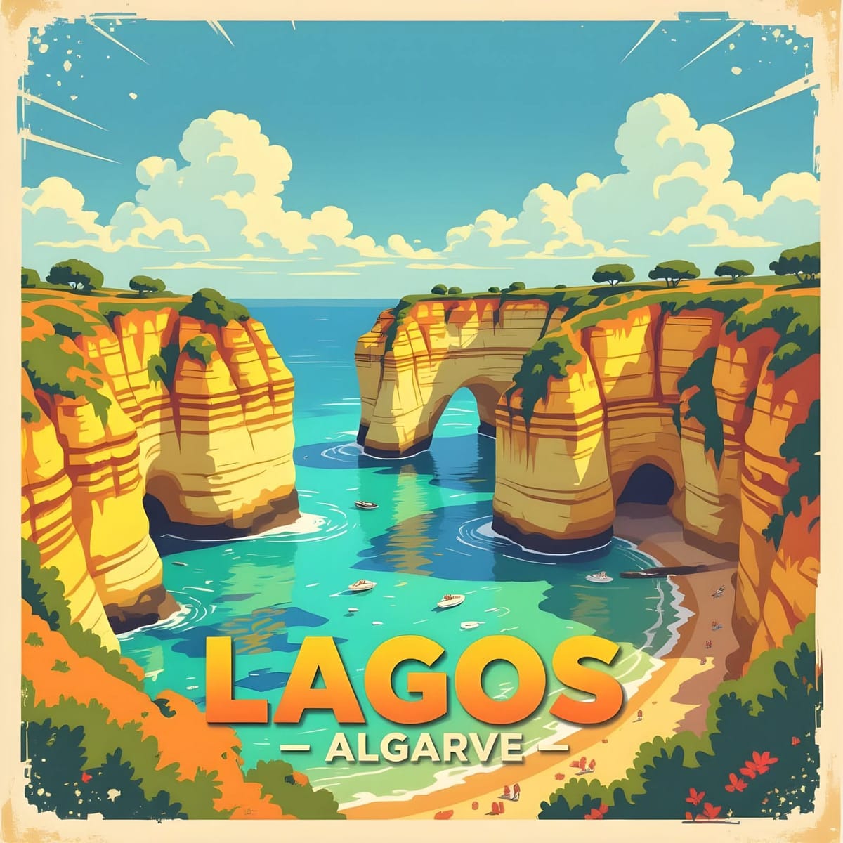 A square-format highly colourful vintage-style painterly scene of Lagos, inspired by classic Eu...