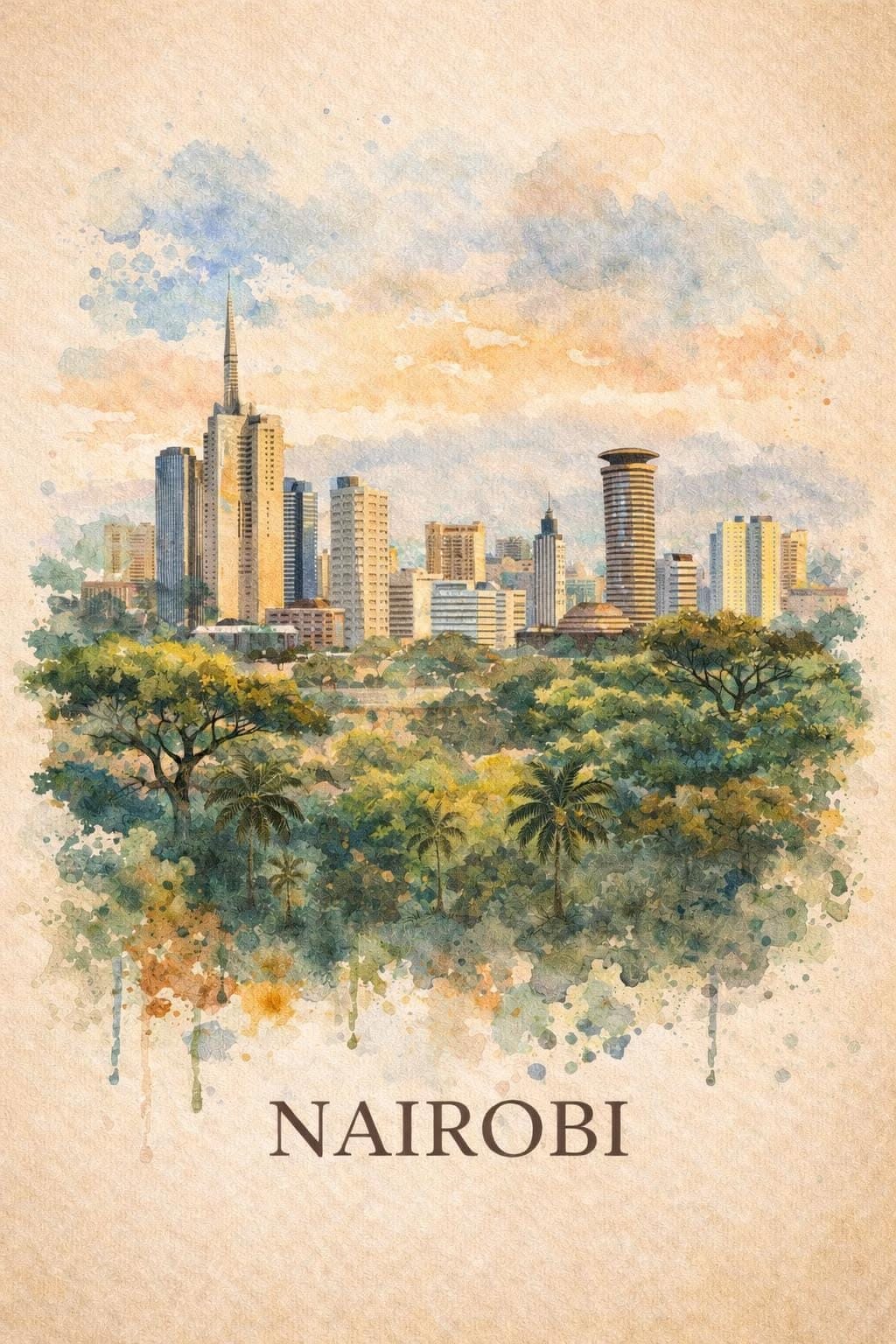 Nairobi Wall Art Printable, Kenya City Skyline Watercolor, African Cityscape Poster, Instant Download Digital Print