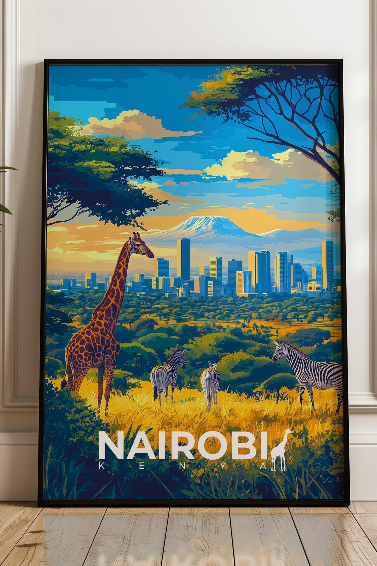 Vibrant Nairobi Kenya Travel Poster with Wildlife Art