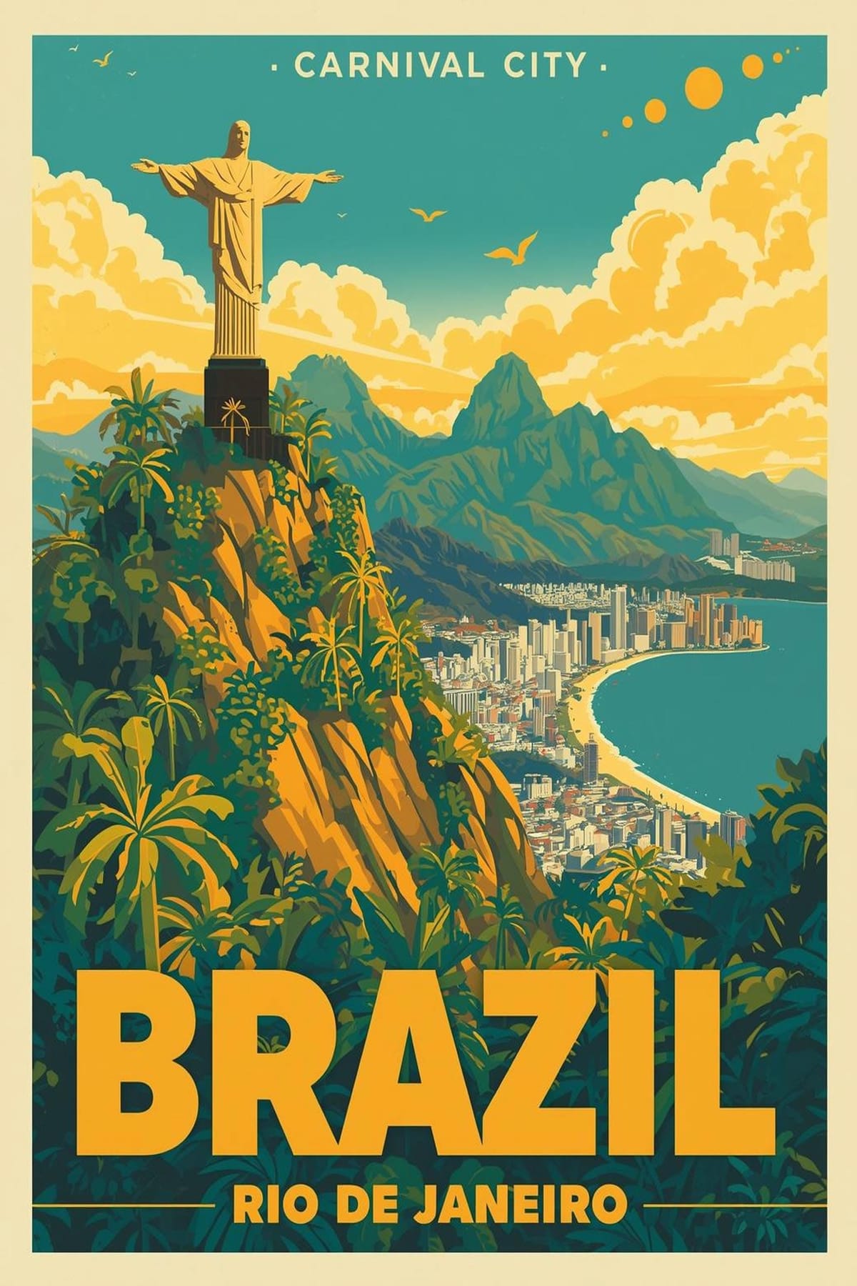 Brazil Travel Poster, Rio de Janeiro Wall Art, Christ the Redeemer Print, Vintage Rio