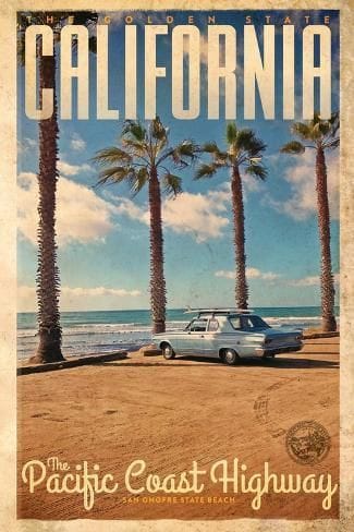 Photo: Vintage travel Poster or advertisement from San Onofre Beach on Highway 1 in California : 12x8in
