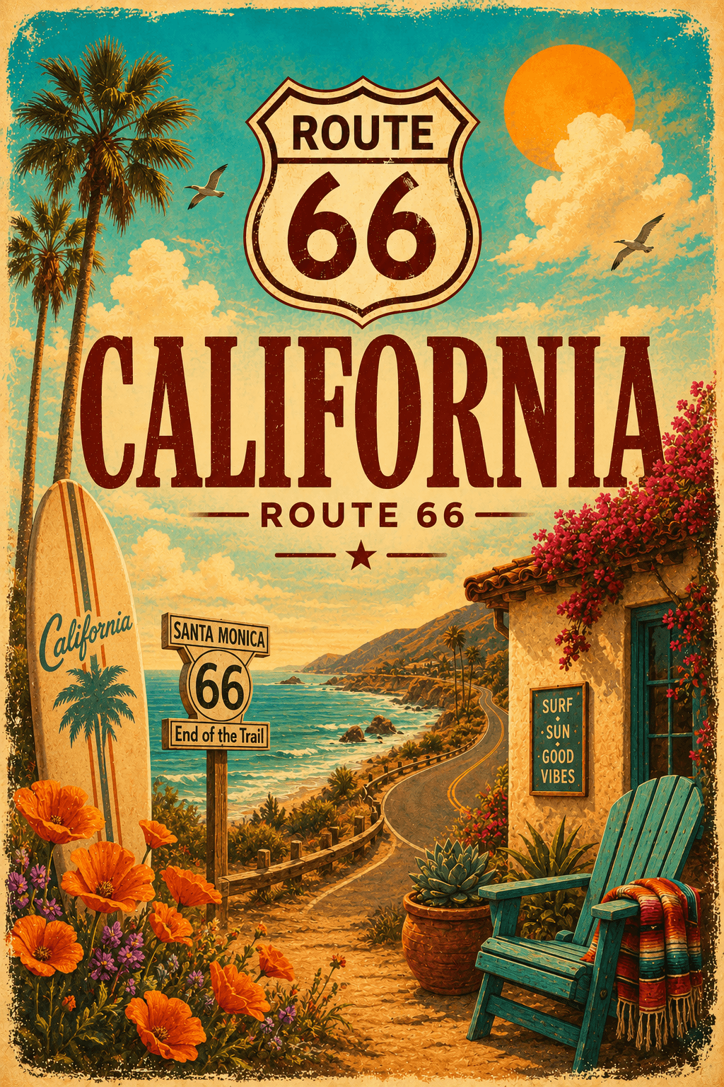 Vintage Route 66 California Coastal Road Art Poster