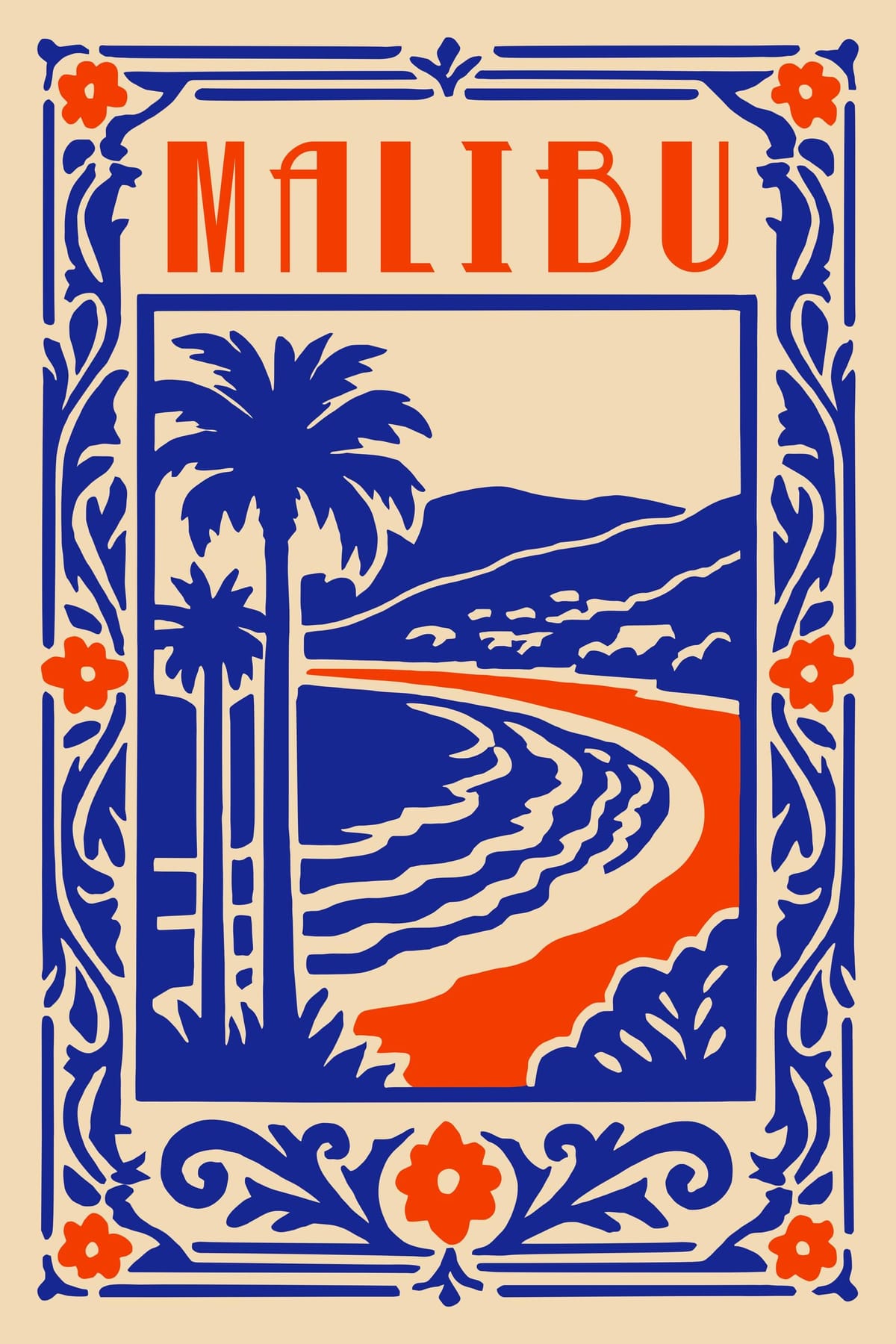 Malibu Blue Travel Poster, Retro California Beach Wall Art, Coastal Decor Print - Etsy