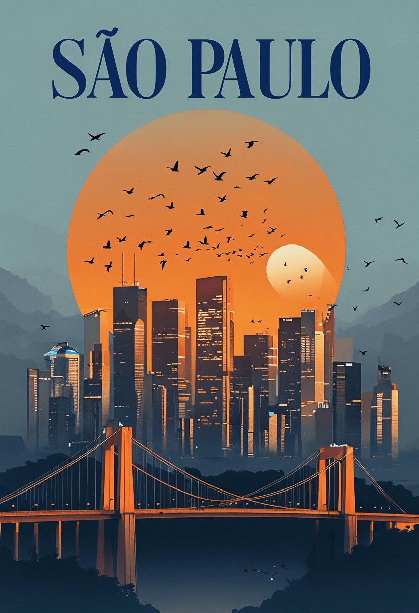 Colorful São Paulo Travel Poster – Vibrant Skyline & Ponte Estaiada Wall Art