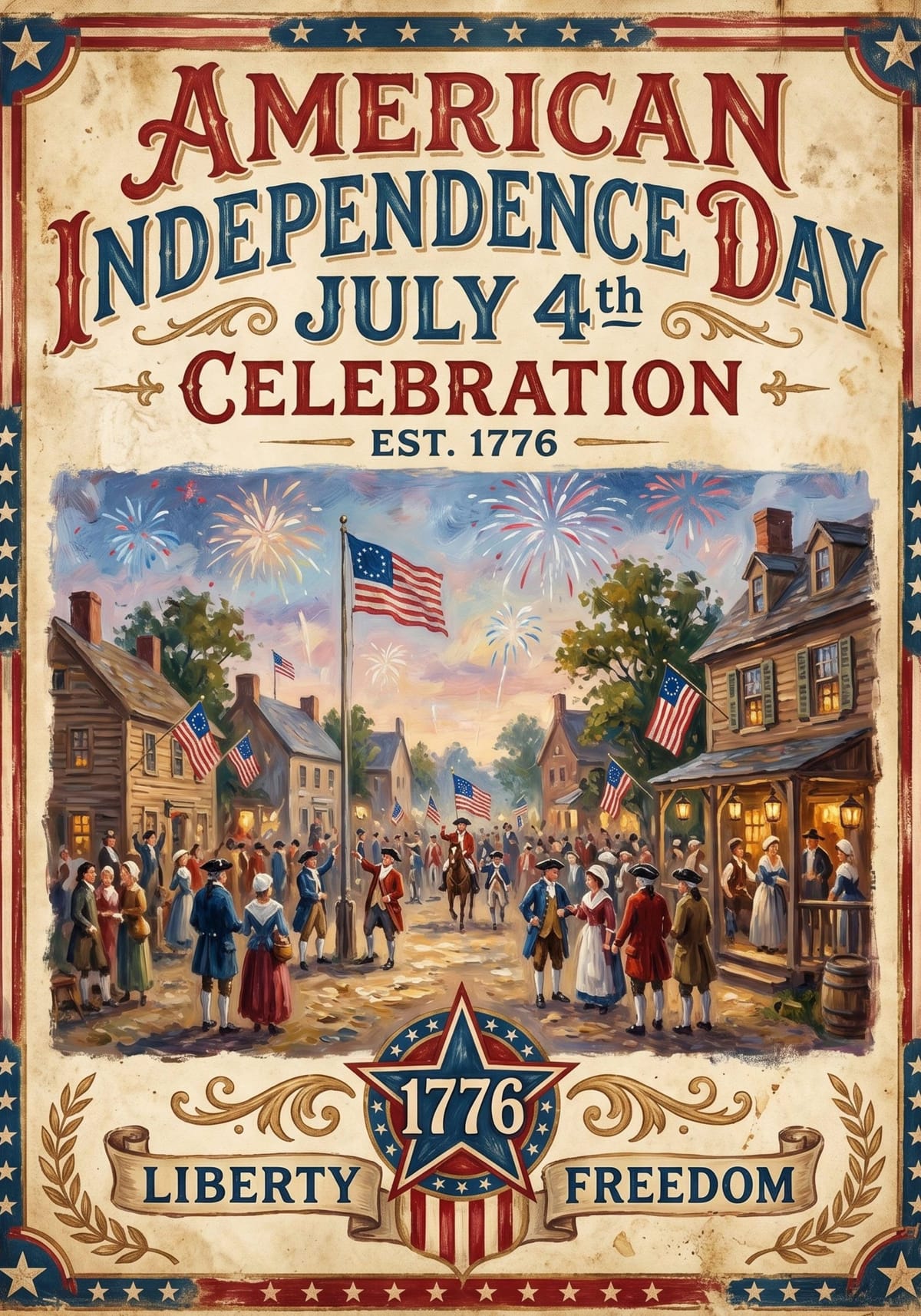 Vintage American Independence Day Poster, Retro 4th of July Celebration Print, Historical July 4th Wall Art, Patriotic Liberty Freedom Decor
