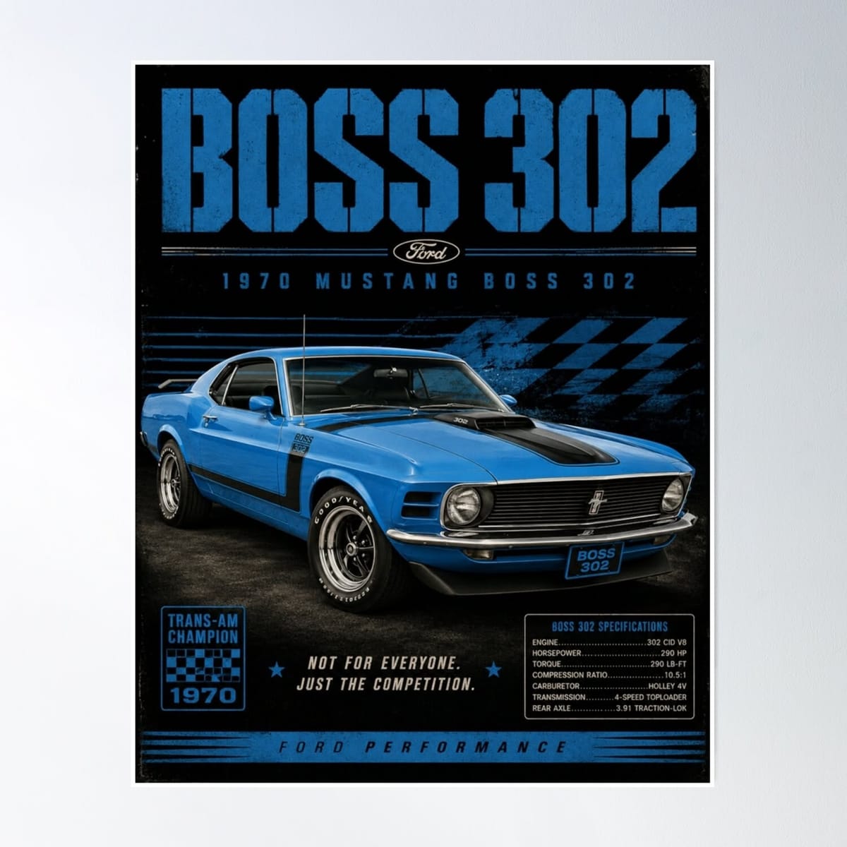 1970 Ford Mustang Boss 302 Grabber Blue Trans-Am Classic Muscle Car Art Poster