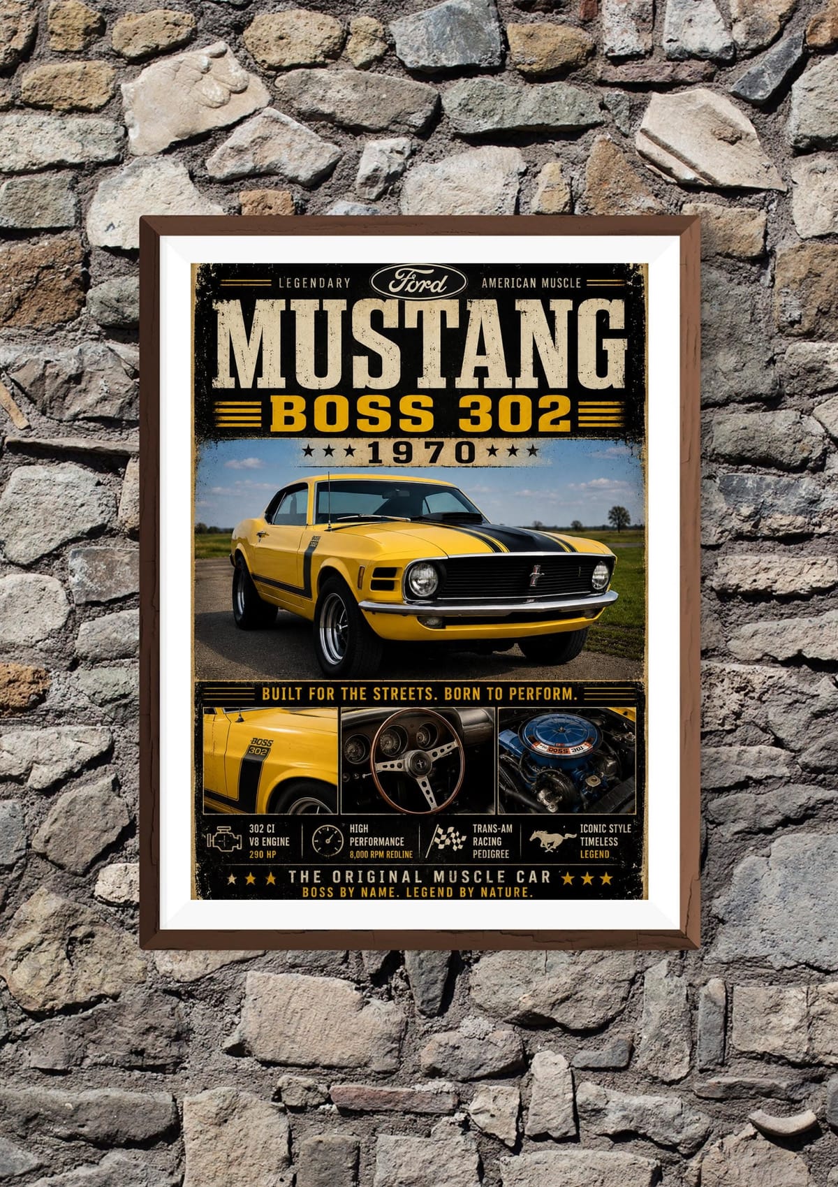 1970 Ford Mustang Boss 302 Poster | Yellow Muscle Car Wall Art | Classic American Print