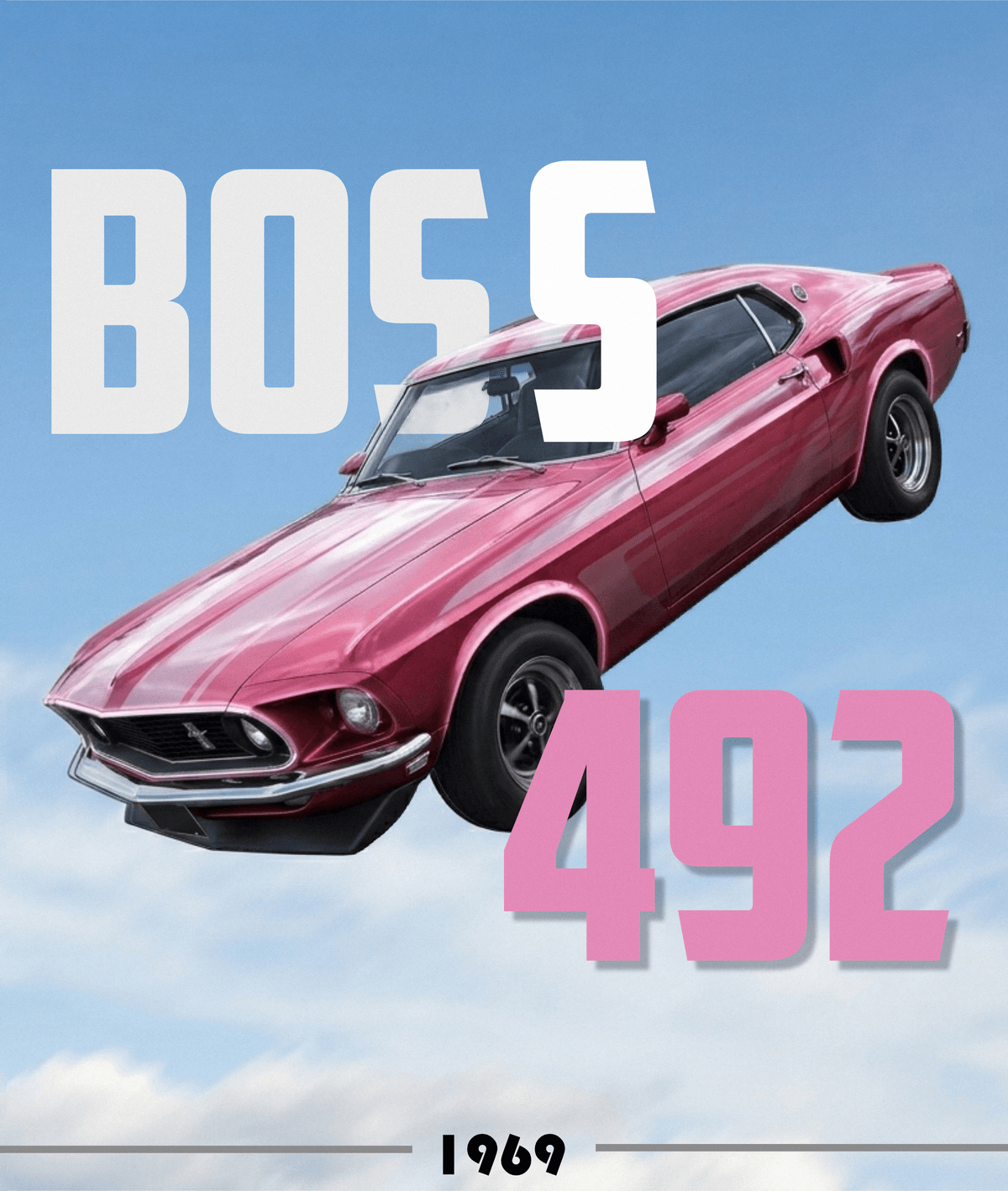 Pink 1969 Ford Mustang Boss 429 Poster | Retro Automotive Graphic Design Inspiration