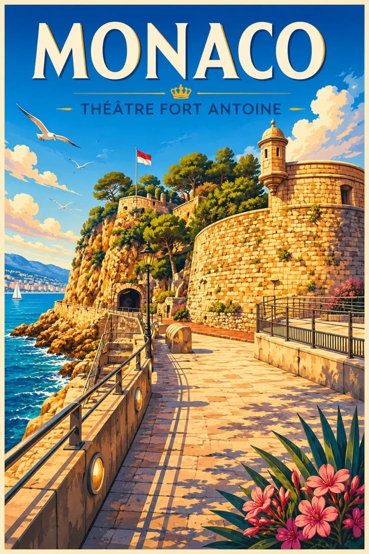 Fort Antoine Monaco Poster Printable Wall Art | Vintage Historic Landmark Print Instant Download