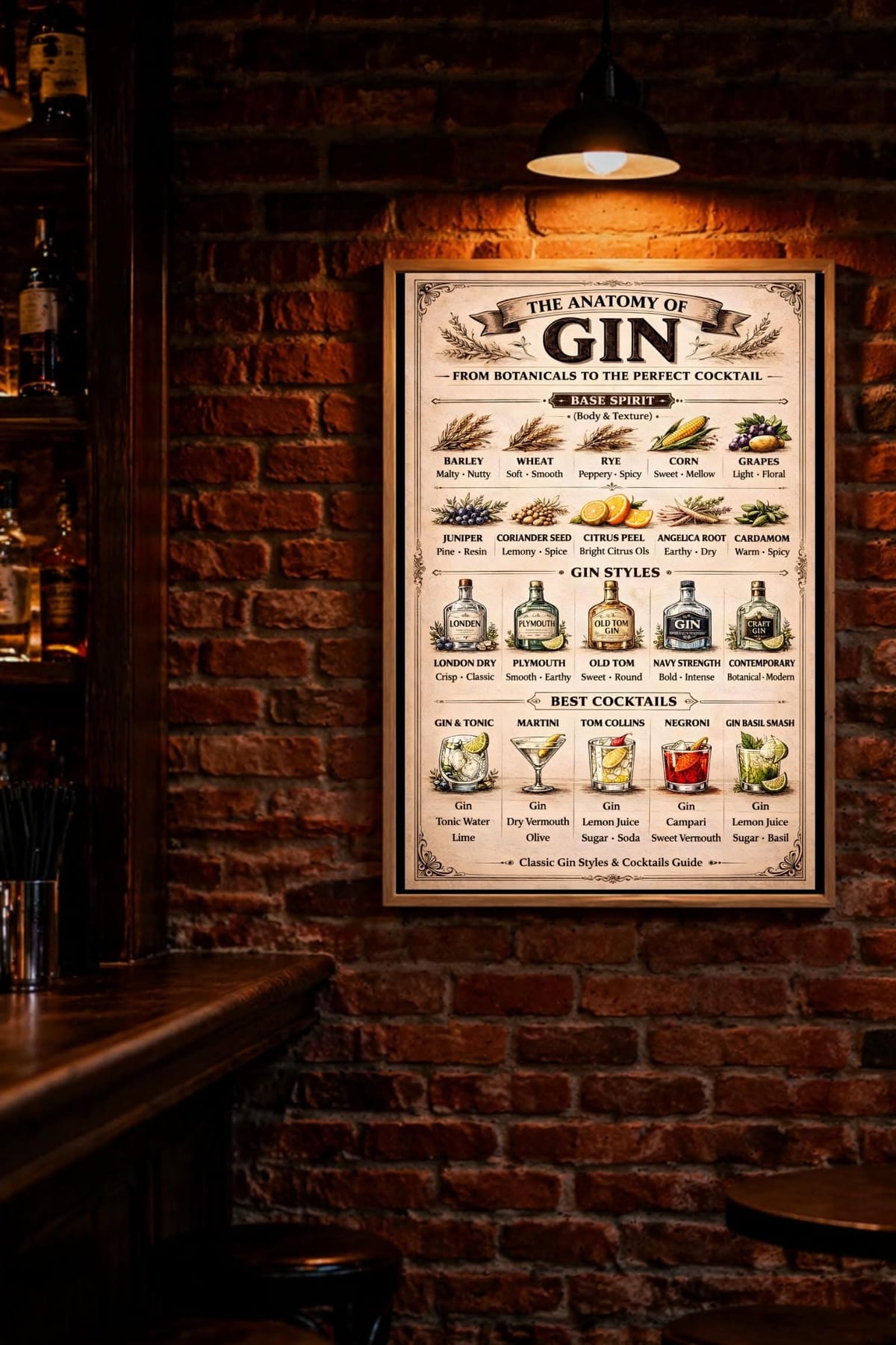 Anatomy of Gin, Gin Cocktail Chart Poster, Martini Guide, Home Pub Wall Art