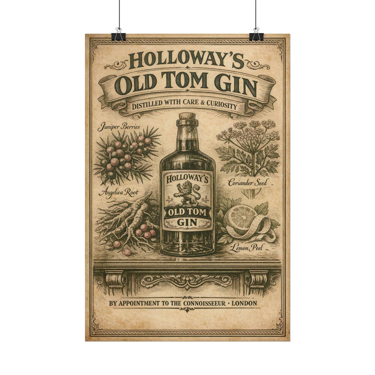 Victorian Old Tom Gin Botanical Poster - Antique Engraving Style Wall Art - Holloway's Distilled Gin Illustration - London Bar Decor