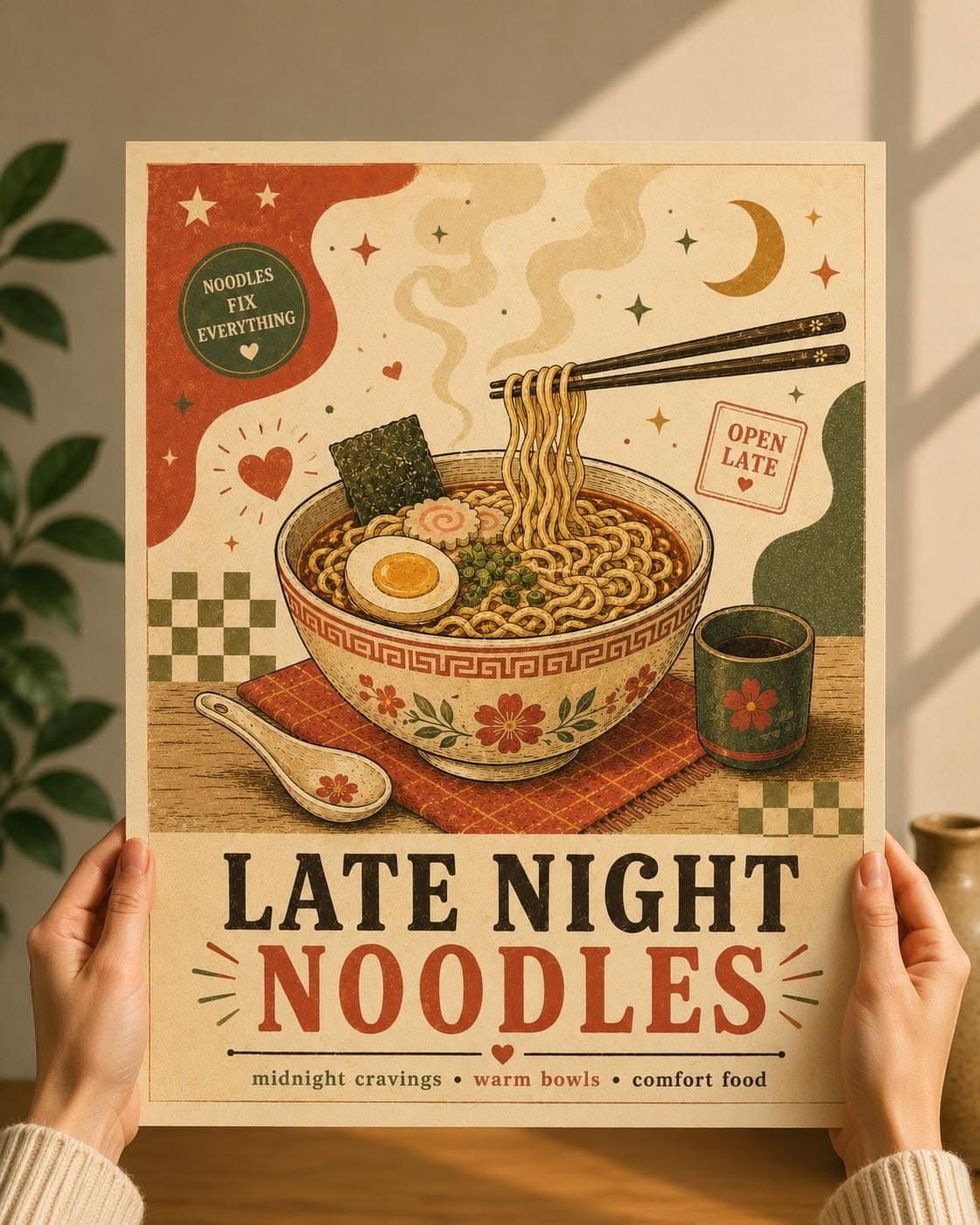Ramen Print, Late Night Noodles Wall Art, Retro Kitchen Poster, Digital Download