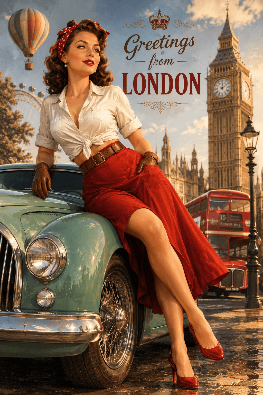 Greetings from London | Vintage Pin-Up Travel Poster with Classic British Charm