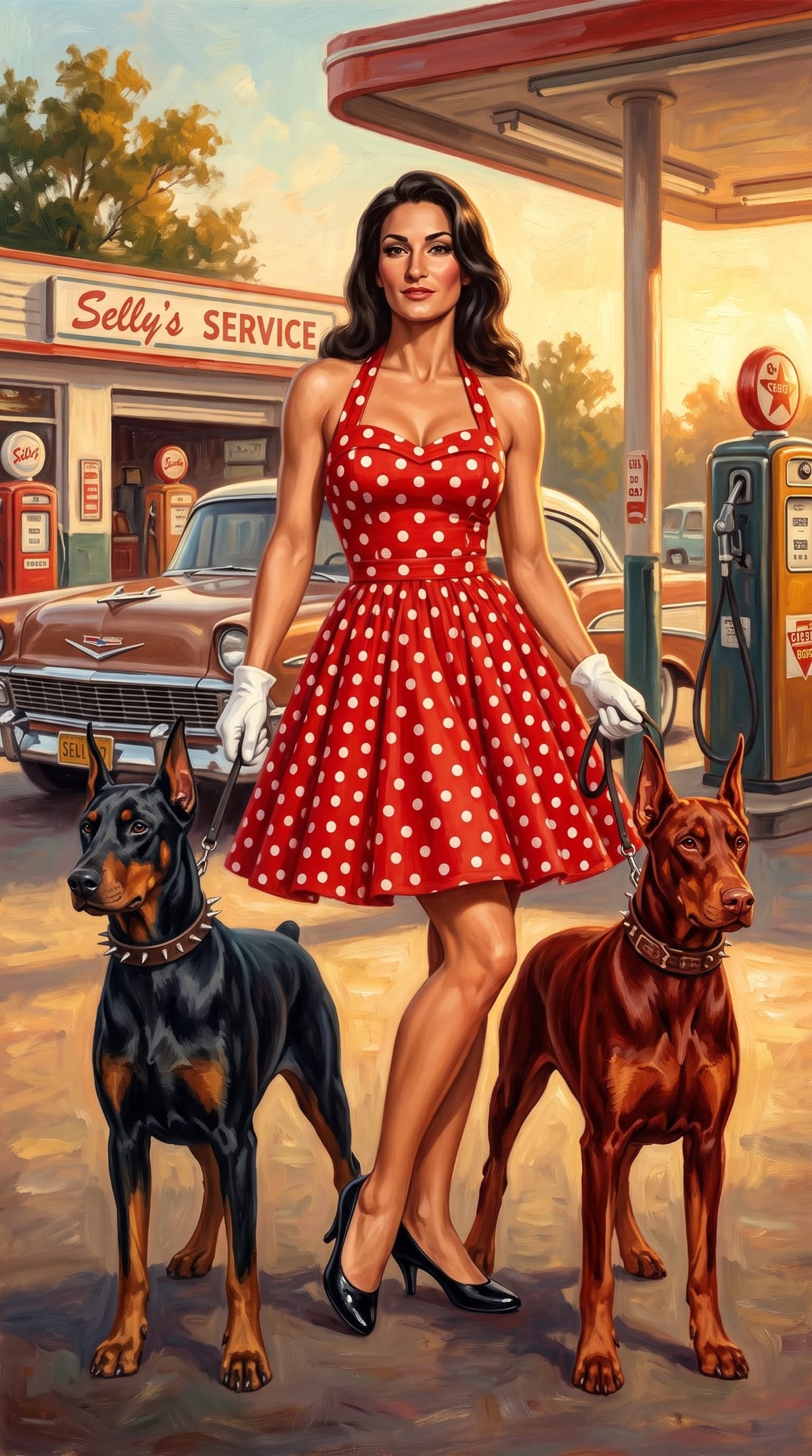 Vintage Pin-Up Girl with Dobermans