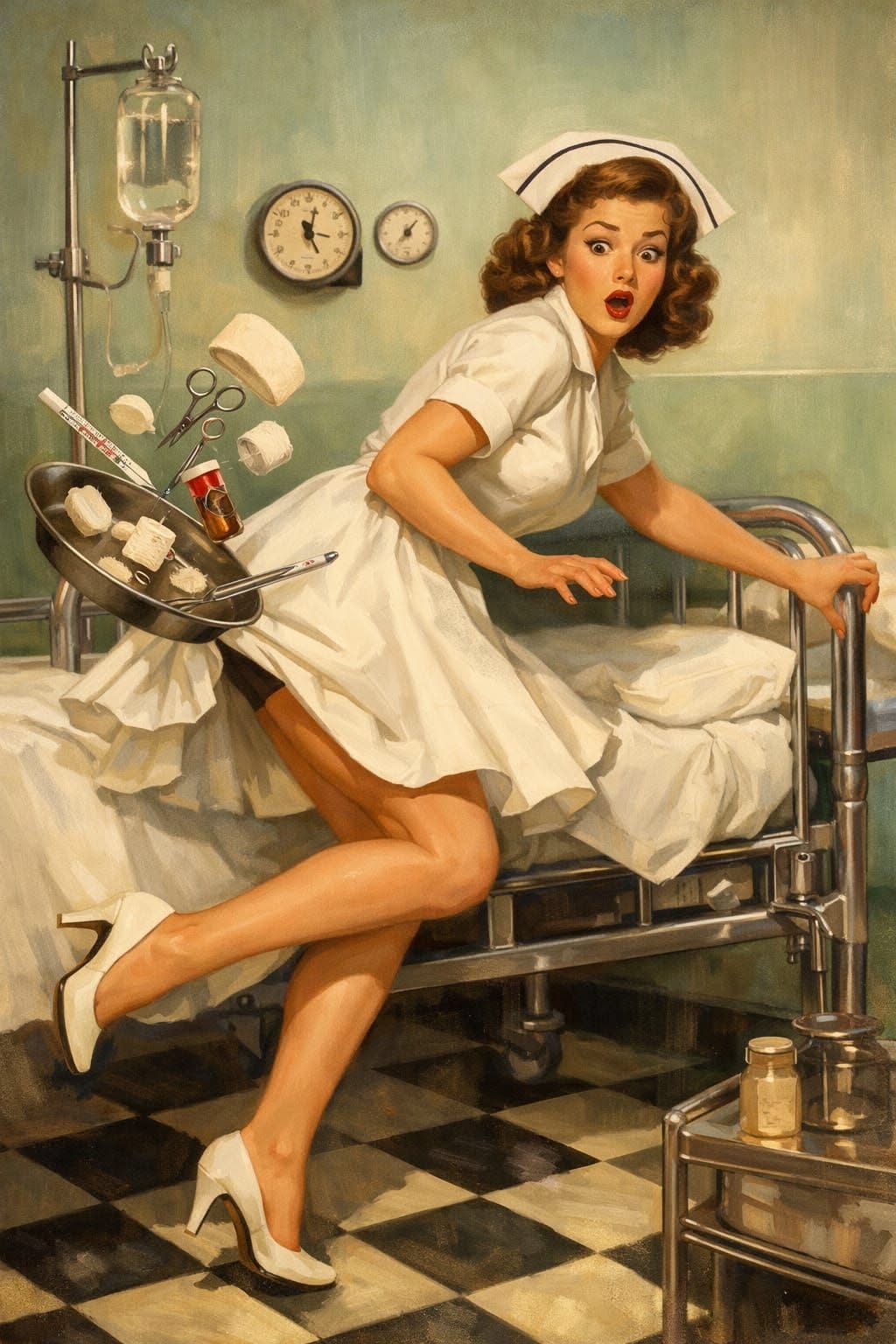 A glamorous 1950s pin-up nurse