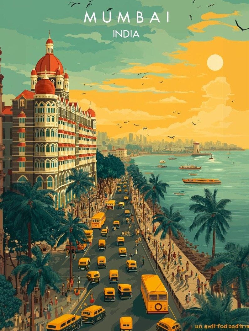 Mumbai India Travel Poster: Vintage Vector Art Print (Digital Download