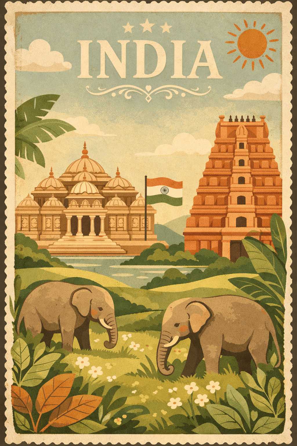 Vintage India Travel Poster with Temples & Elephants